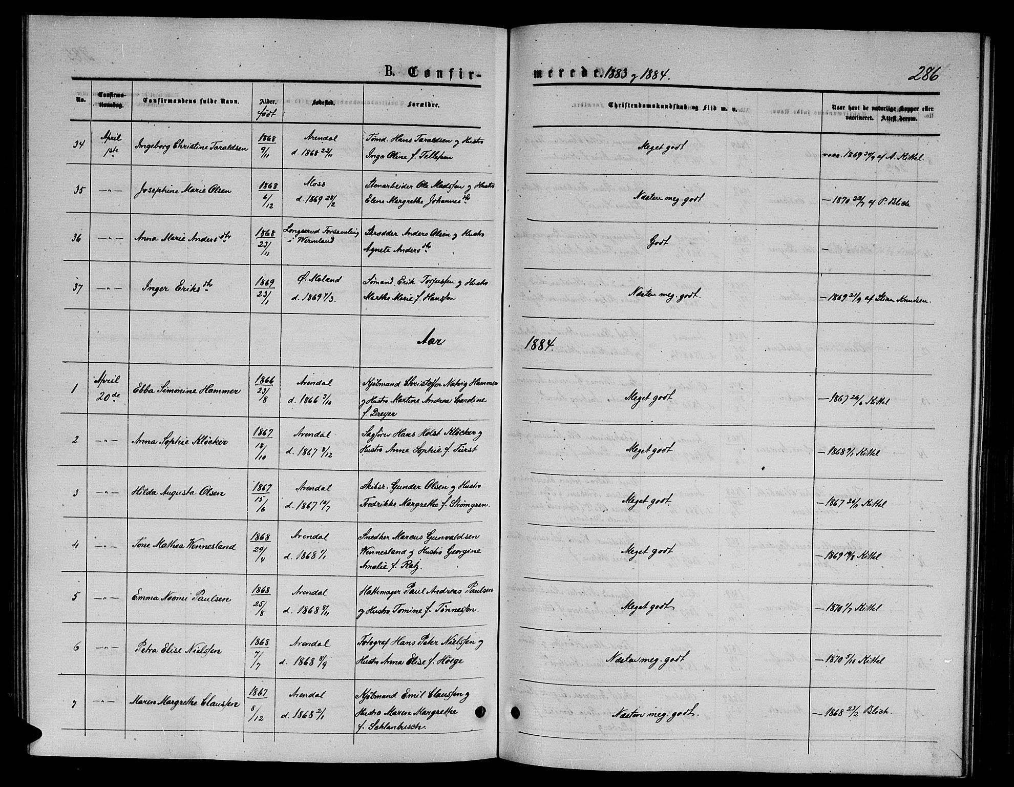 Arendal sokneprestkontor, Trefoldighet, AV/SAK-1111-0040/F/Fb/L0005: Klokkerbok nr. B 5, 1874-1888, s. 286