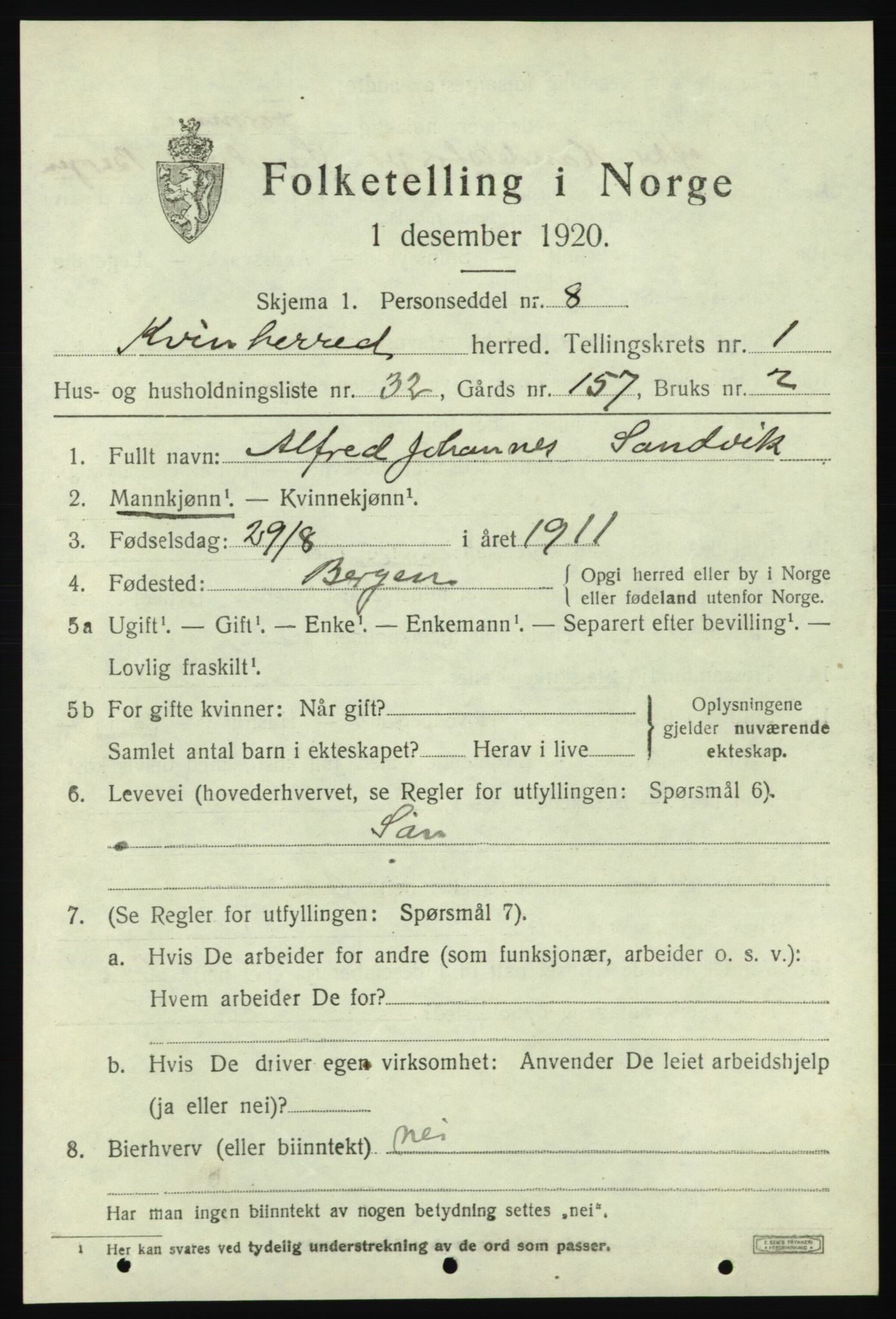 SAB, Folketelling 1920 for 1224 Kvinnherad herred, 1920, s. 4060