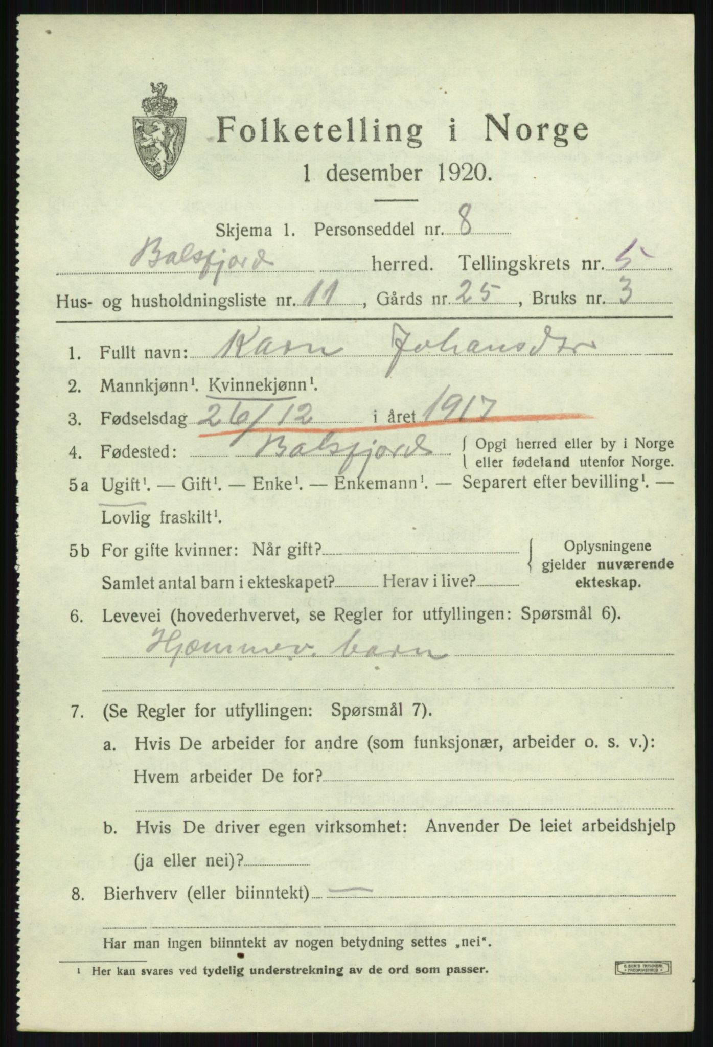 SATØ, Folketelling 1920 for 1933 Balsfjord herred, 1920, s. 3246