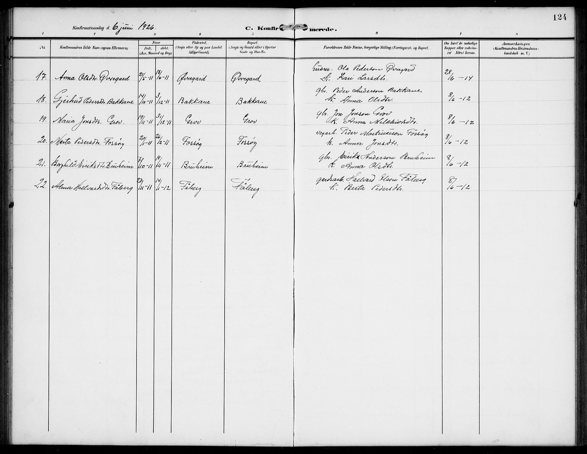 Jostedal sokneprestembete, AV/SAB-A-80601/H/Hab/Haba/L0002: Klokkerbok nr. A 2, 1907-1931, s. 124