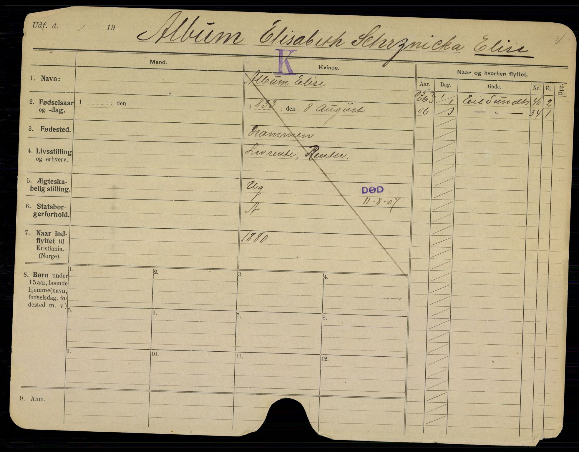 Oslo folkeregister, Registerkort, SAO/A-11715/G/Gb/L0004: Kvinner, 1907