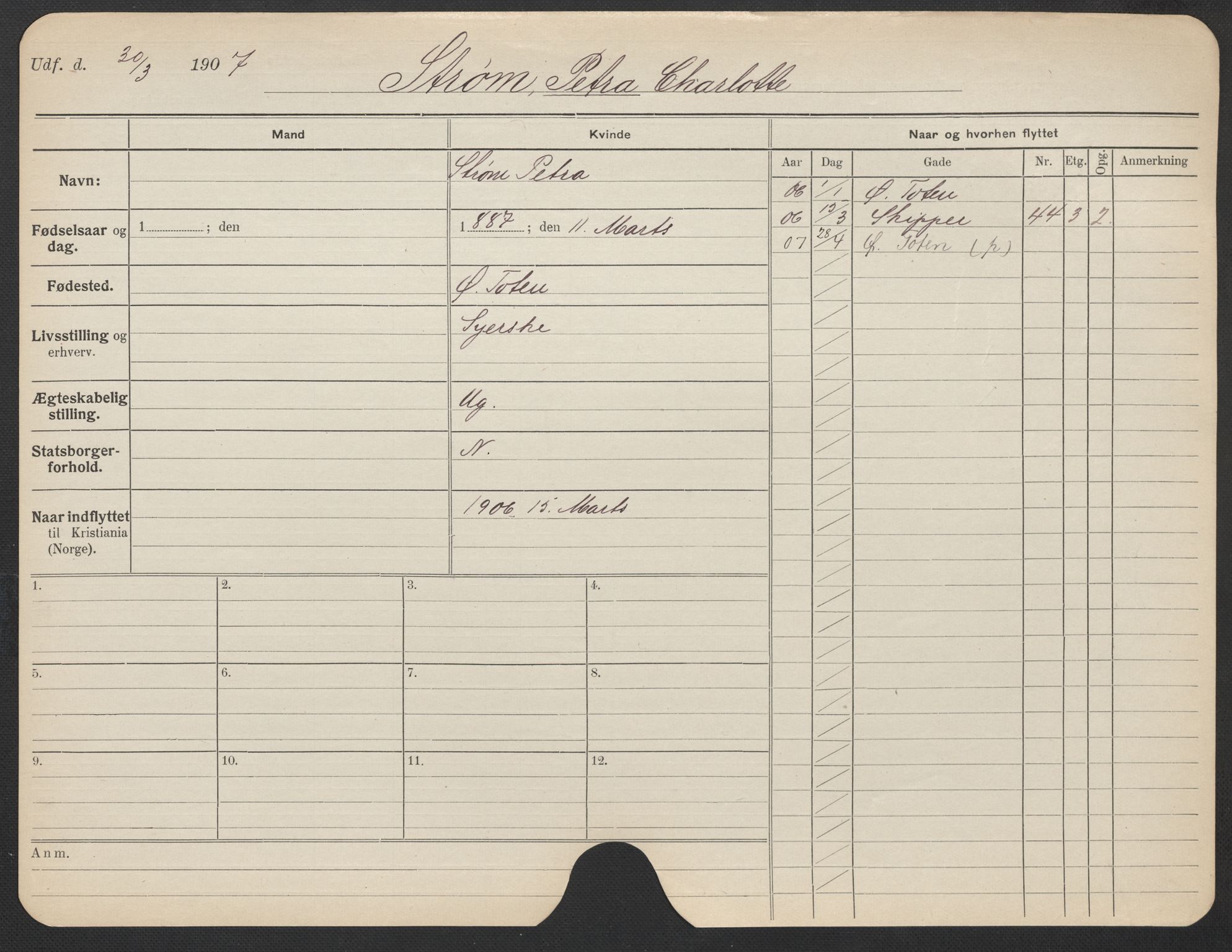 Oslo folkeregister, Registerkort, AV/SAO-A-11715/F/Fa/Fac/L0024: Kvinner, 1906-1914, s. 454a