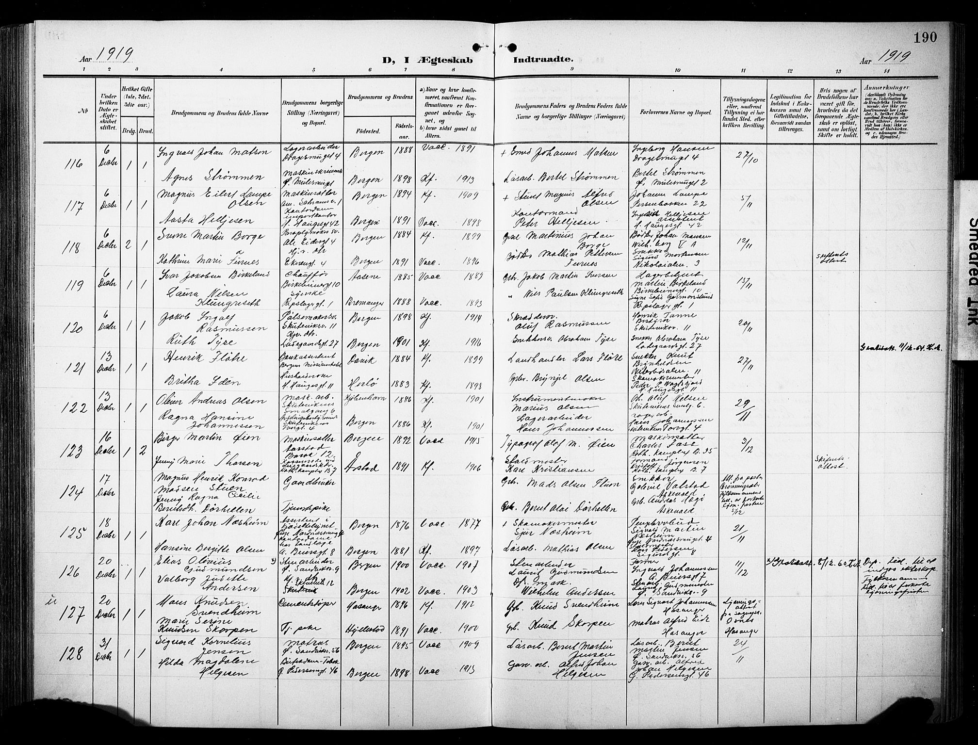 Sandviken Sokneprestembete, AV/SAB-A-77601/H/Hb/L0014: Klokkerbok nr. D 1, 1902-1929, s. 190