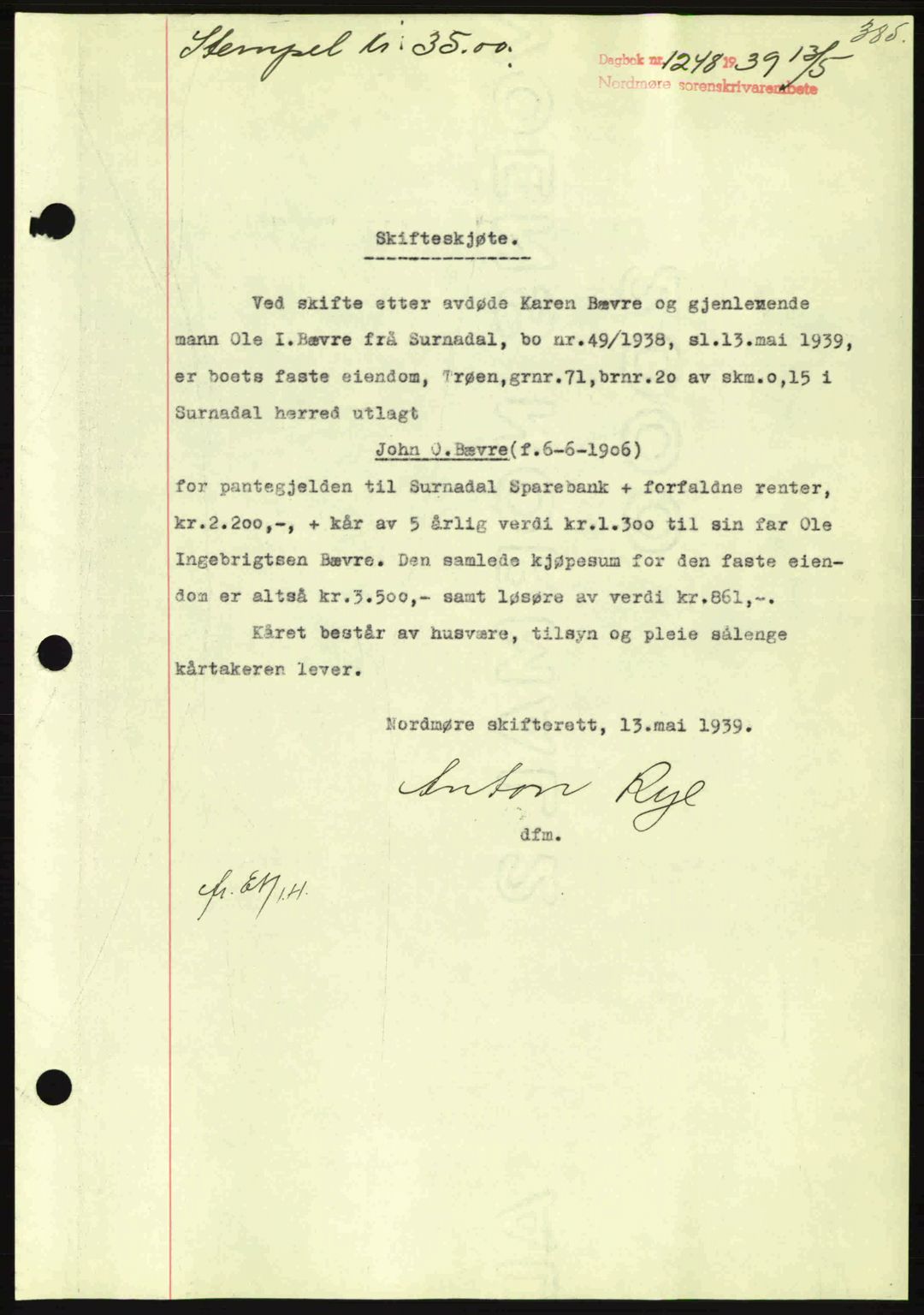 Nordmøre sorenskriveri, SAT/A-4132/1/2/2Ca: Pantebok nr. A86, 1939-1939, Dagboknr: 1248/1939