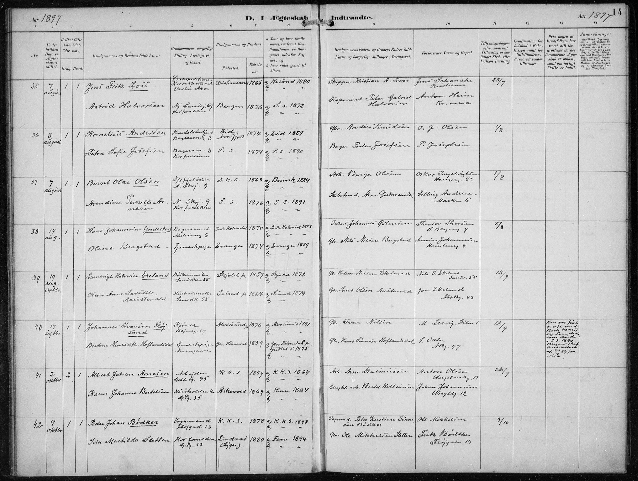 Sandviken Sokneprestembete, AV/SAB-A-77601/H/Ha/L0014: Ministerialbok nr. D 1, 1896-1911, s. 14