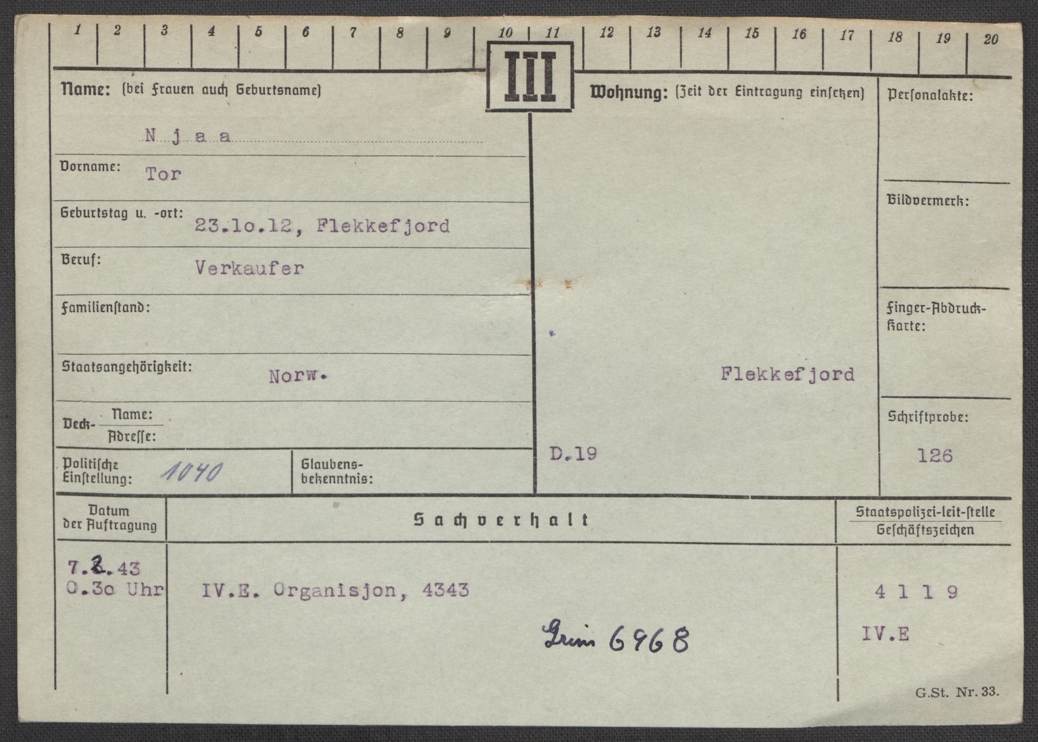 Befehlshaber der Sicherheitspolizei und des SD, AV/RA-RAFA-5969/E/Ea/Eaa/L0007: Register over norske fanger i Møllergata 19: Lundb-N, 1940-1945, s. 1332