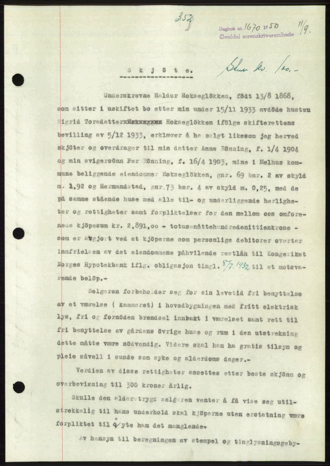 Gauldal sorenskriveri, SAT/A-0014/1/2/2C: Pantebok nr. A11, 1950-1950, Dagboknr: 1670/1950