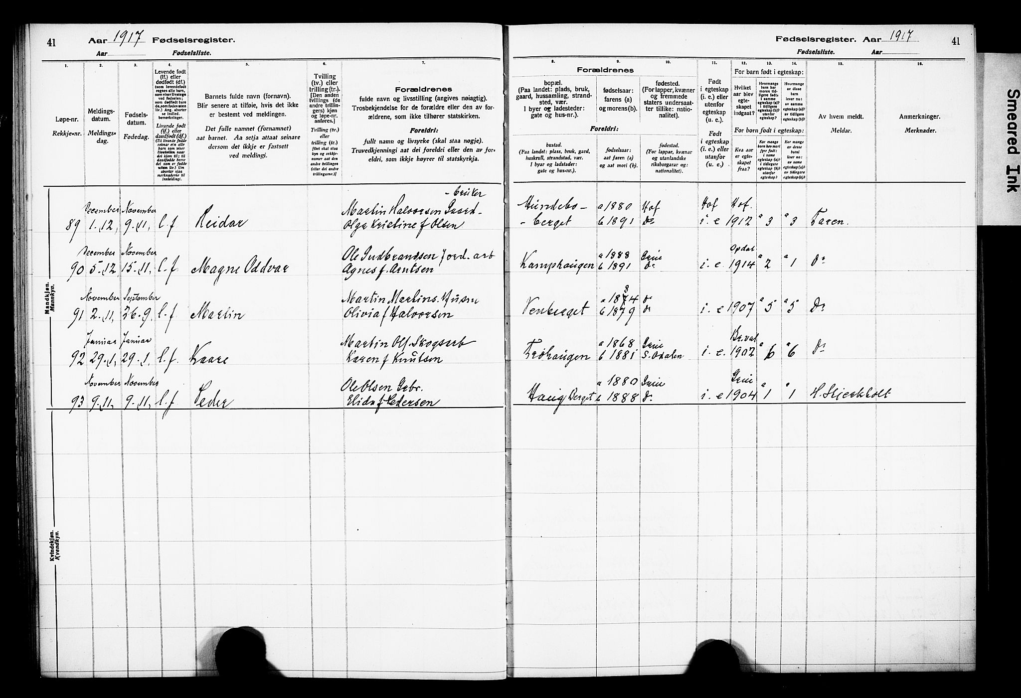 Grue prestekontor, AV/SAH-PREST-036/I/Id/Ida/L0001: Fødselsregister nr. I 1, 1916-1926, s. 41