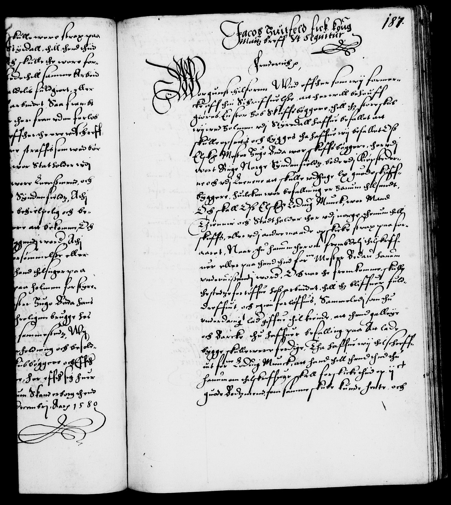 Danske Kanselli 1572-1799, RA/EA-3023/F/Fc/Fca/Fcab/L0001: Norske tegnelser (mikrofilm), 1572-1588, s. 187a