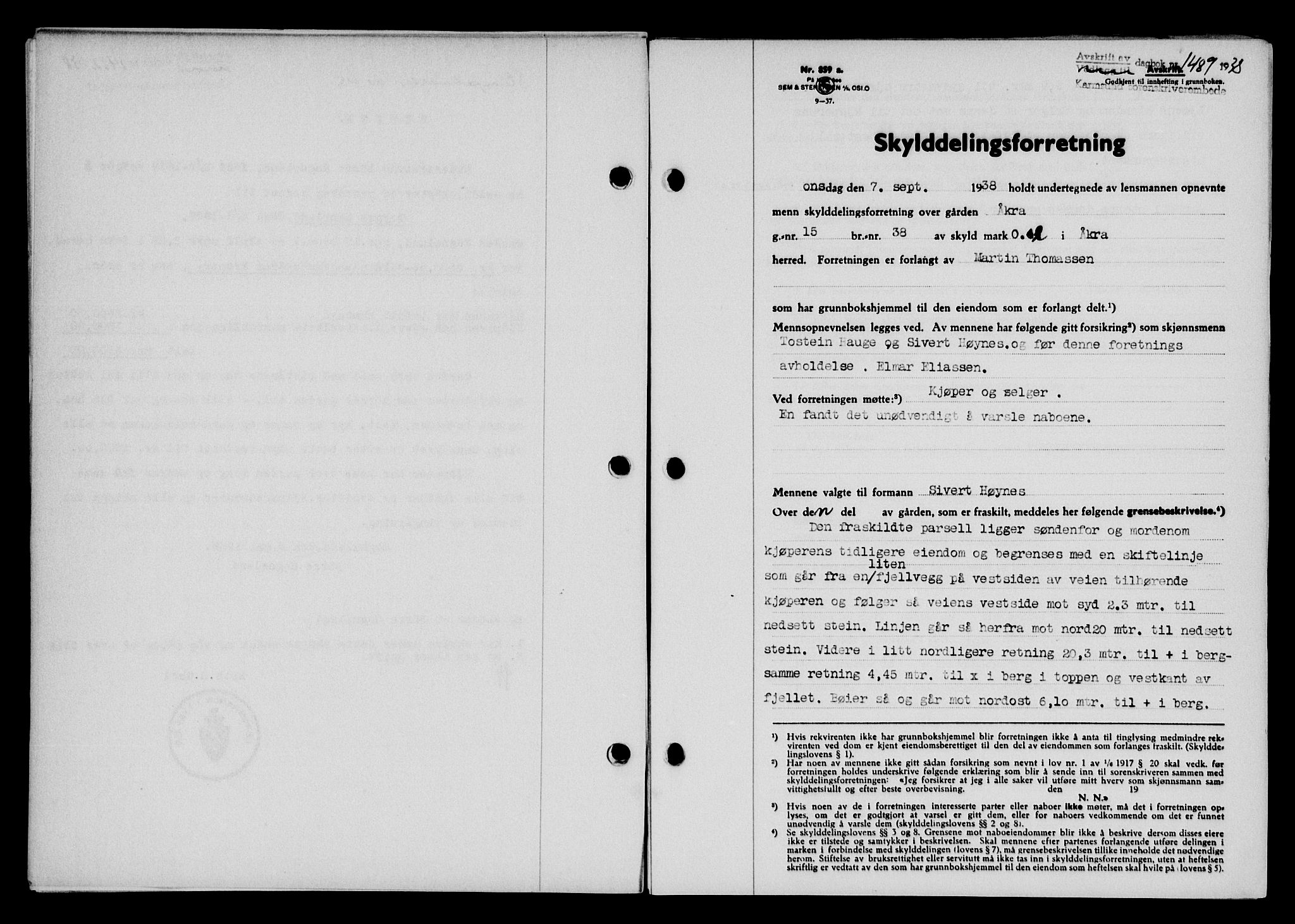 Karmsund sorenskriveri, SAST/A-100311/01/II/IIB/L0070: Pantebok nr. 51A, 1938-1939, Dagboknr: 1489/1938