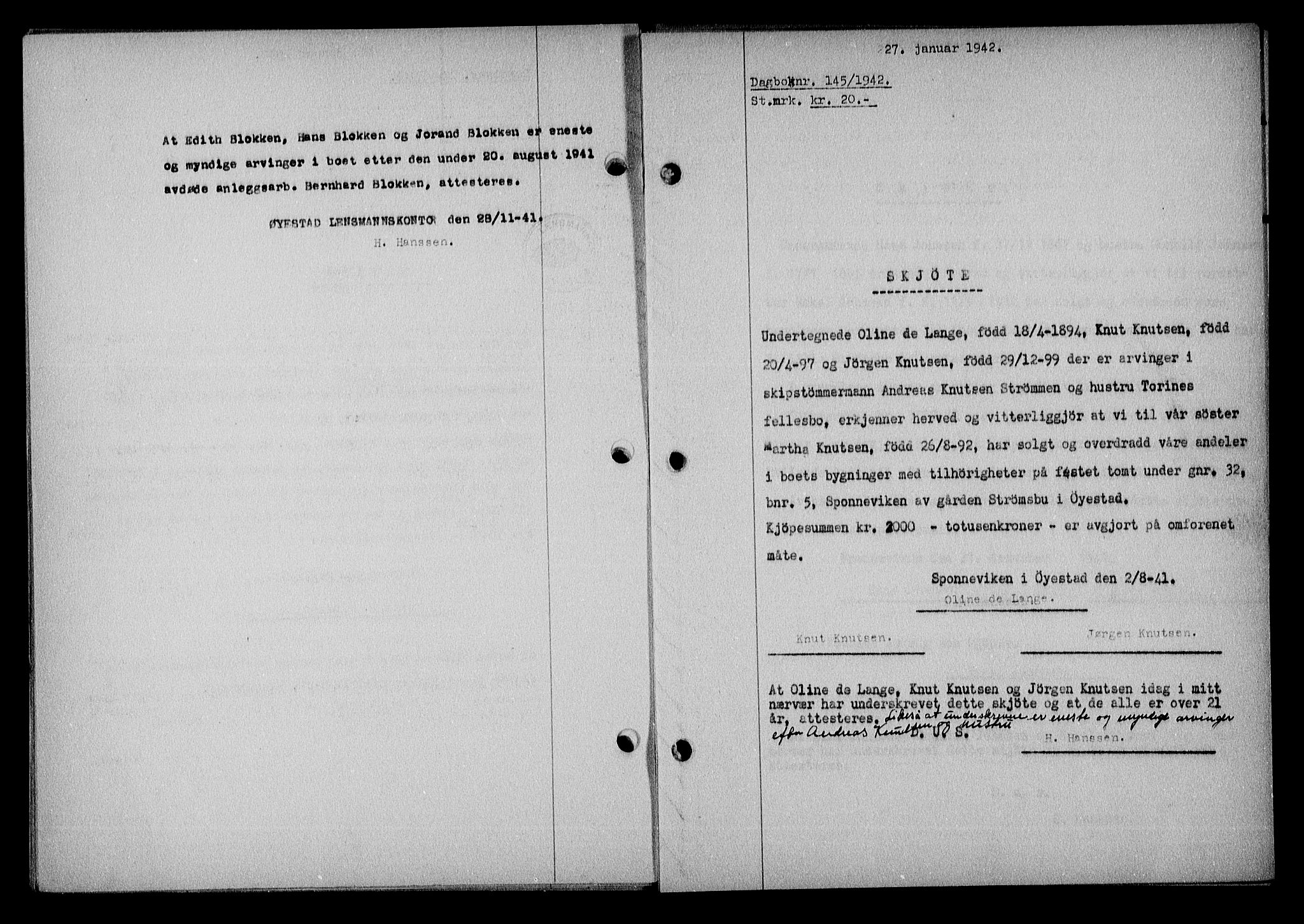 Nedenes sorenskriveri, SAK/1221-0006/G/Gb/Gba/L0049: Pantebok nr. A-III, 1941-1942, Dagboknr: 145/1942