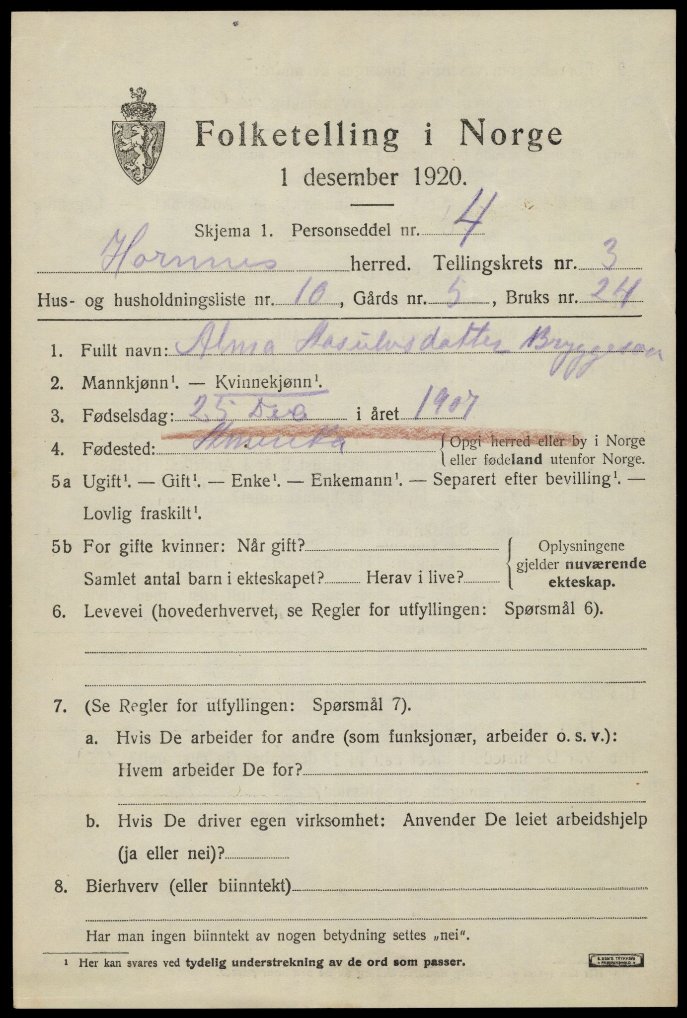 SAK, Folketelling 1920 for 0936 Hornnes herred, 1920, s. 915