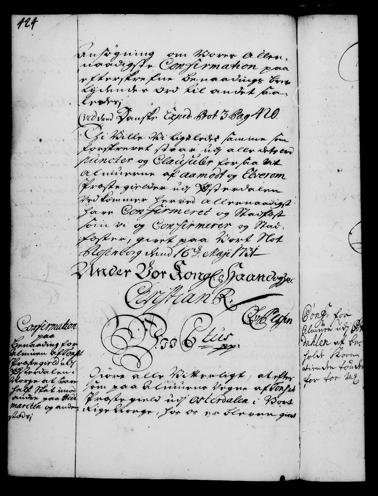 Rentekammeret, Kammerkanselliet, RA/EA-3111/G/Gg/Gga/L0003: Norsk ekspedisjonsprotokoll med register (merket RK 53.3), 1727-1734, s. 424