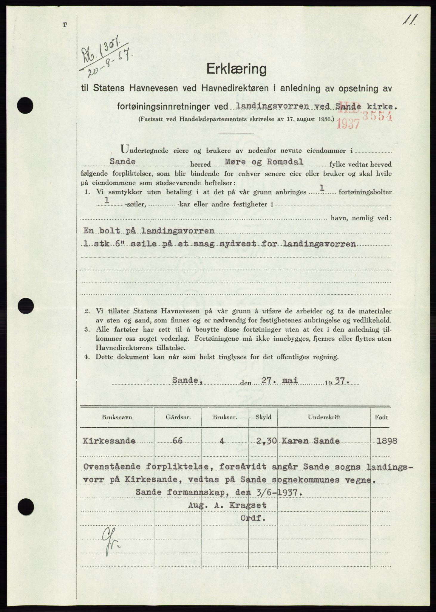 Søre Sunnmøre sorenskriveri, SAT/A-4122/1/2/2C/L0064: Pantebok nr. 58, 1937-1938, Dagboknr: 1307/1937