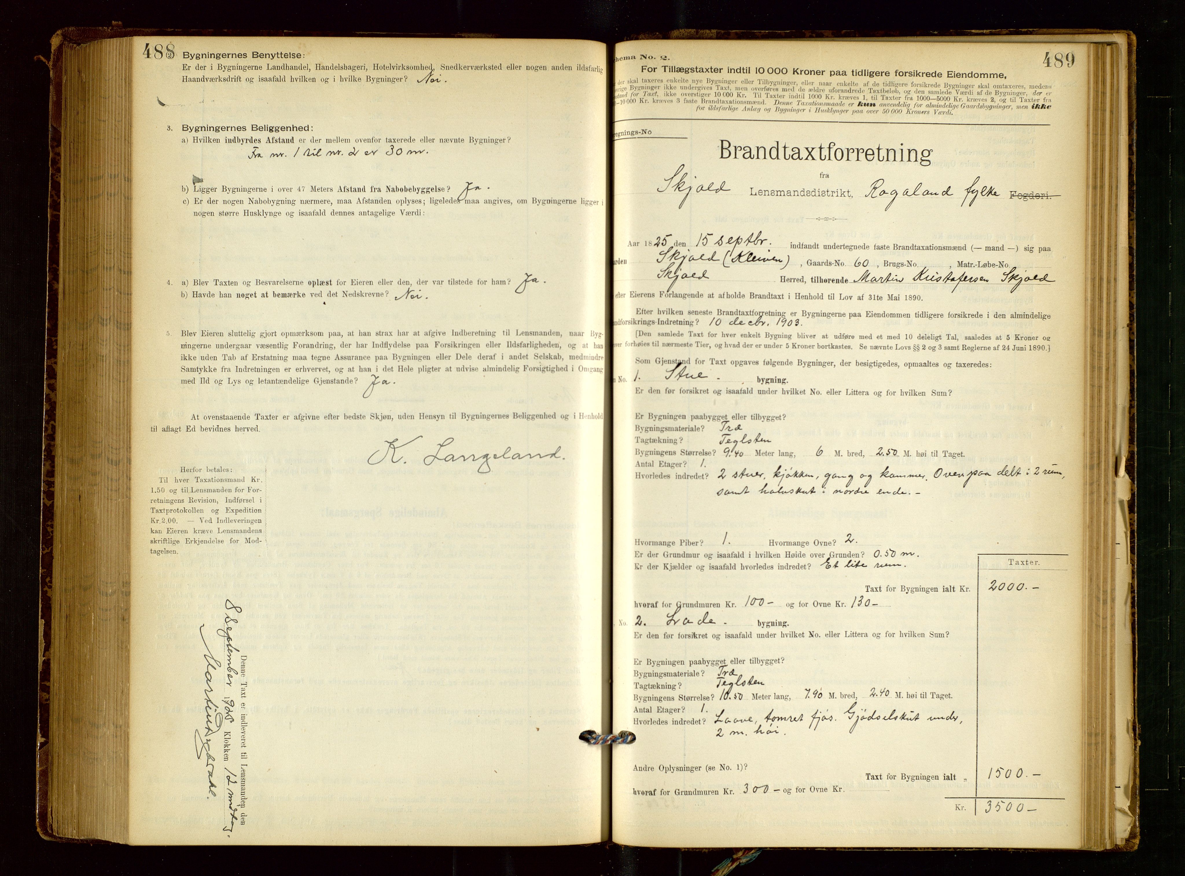 Skjold lensmannskontor, AV/SAST-A-100182/Gob/L0001: "Brandtaxationsprotokol for Skjold Lensmandsdistrikt Ryfylke Fogderi", 1894-1939, s. 488-489