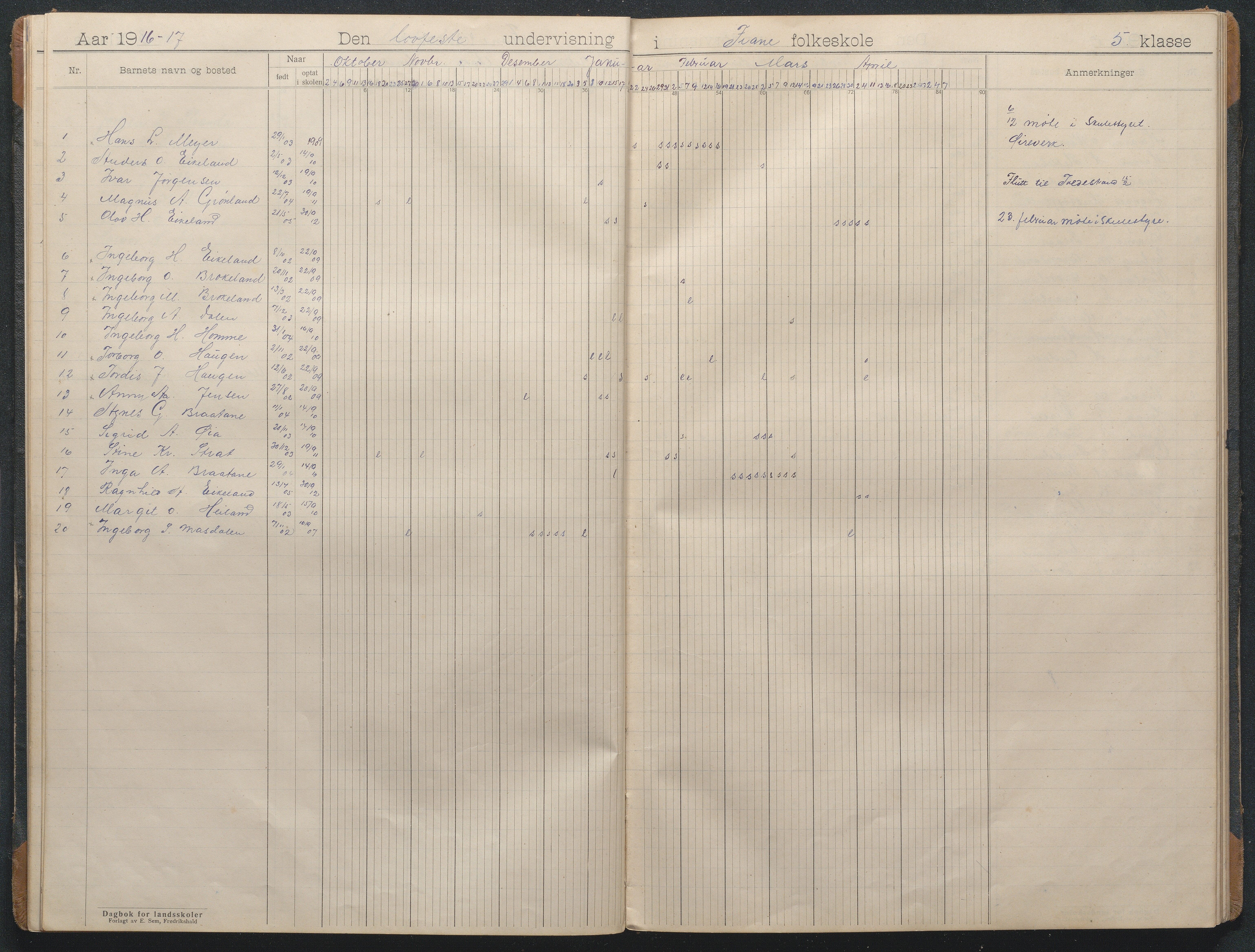 Gjerstad Kommune, Fiane og Fossen Skole, AAMA/KA0911-550j/F01/L0005: Dagbok Fiane skole, 1911-1940