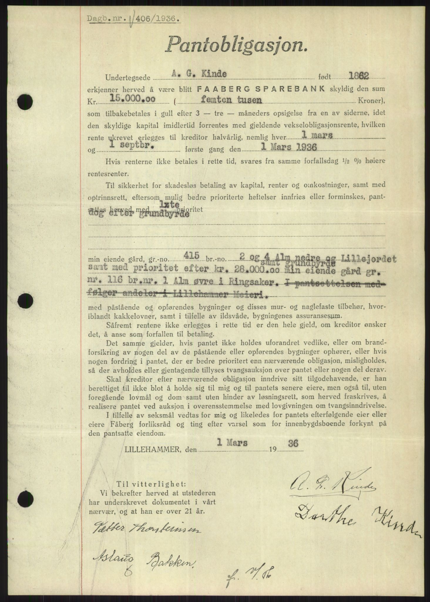 Nord-Hedmark sorenskriveri, SAH/TING-012/H/Hb/Hbf/L0001: Pantebok nr. B1, 1936-1936, Dagboknr: 406/1936