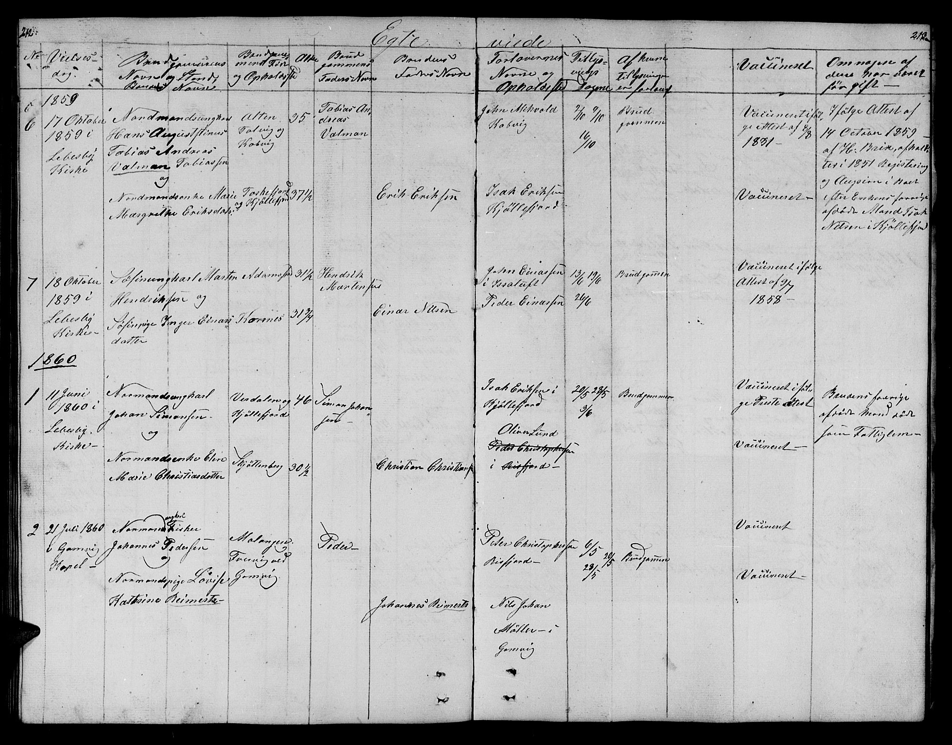 Lebesby sokneprestkontor, SATØ/S-1353/H/Hb/L0001klokker: Klokkerbok nr. 1, 1846-1862, s. 212-213