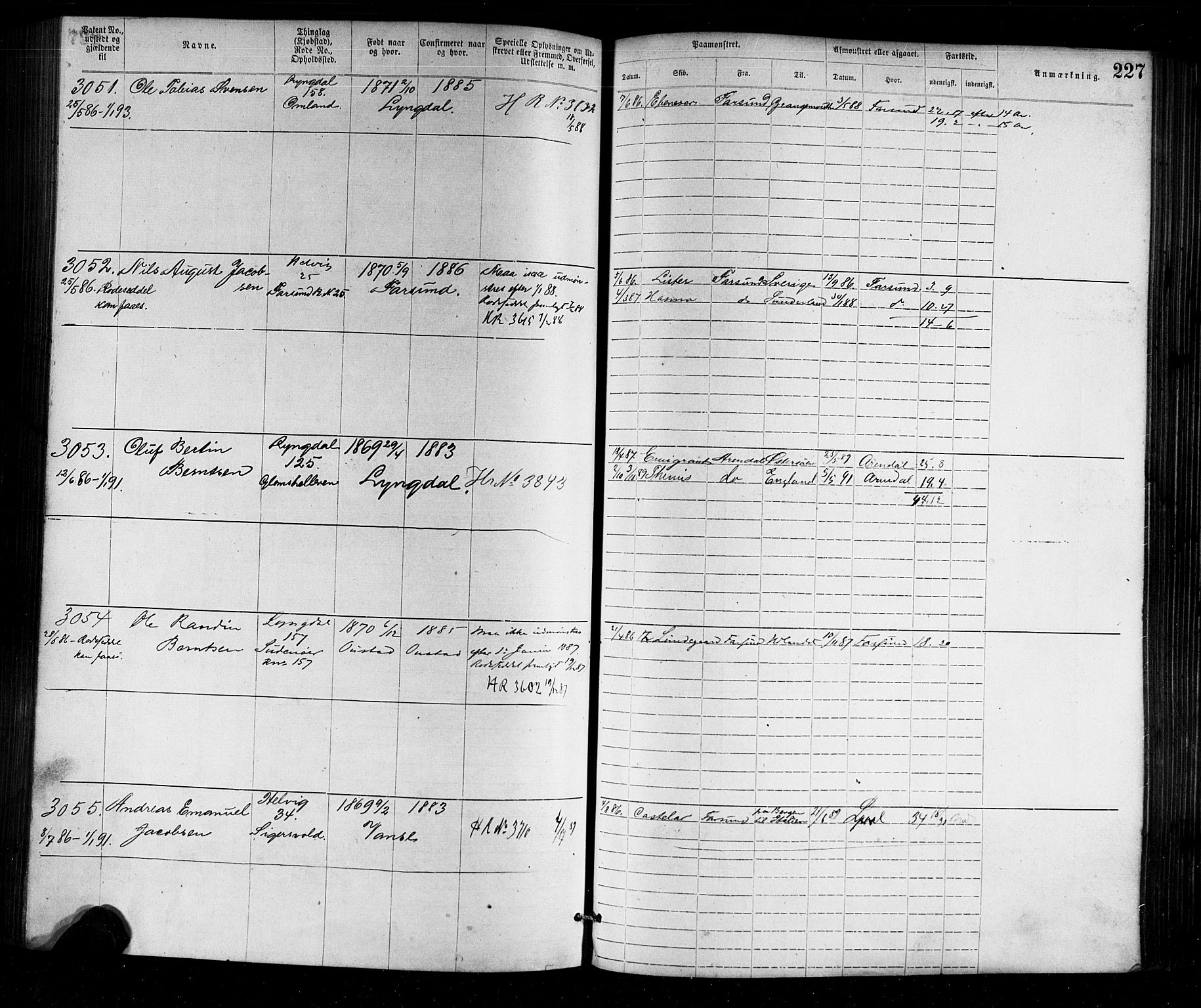 Farsund mønstringskrets, AV/SAK-2031-0017/F/Fa/L0002: Annotasjonsrulle nr 1921-3815 med register, M-2, 1877-1894, s. 257
