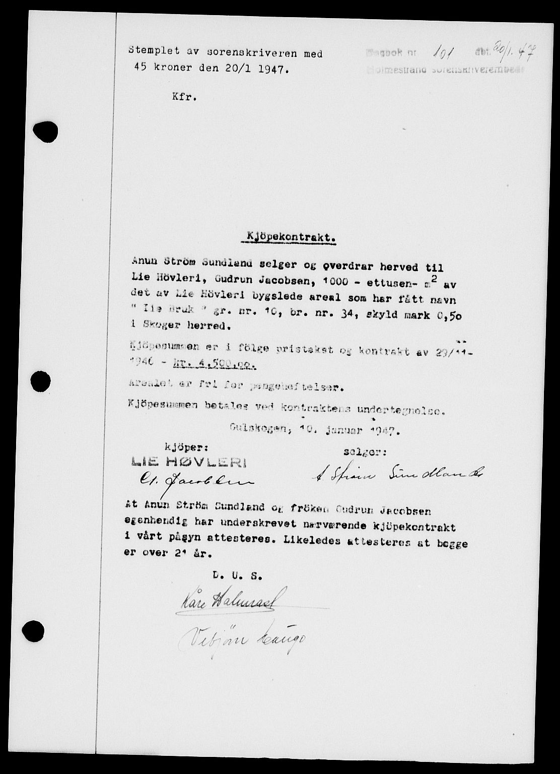 Holmestrand sorenskriveri, SAKO/A-67/G/Ga/Gaa/L0061: Pantebok nr. A-61, 1946-1947, Dagboknr: 101/1947