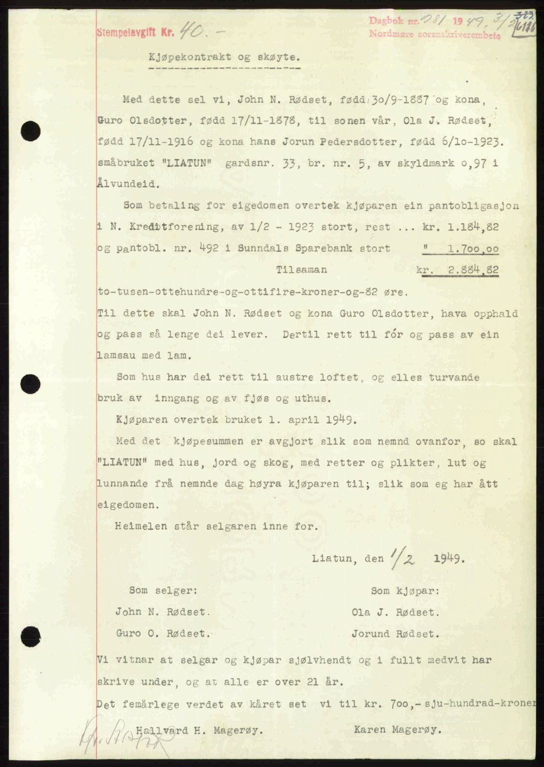 Nordmøre sorenskriveri, SAT/A-4132/1/2/2Ca: Pantebok nr. A110, 1948-1949, Dagboknr: 281/1949