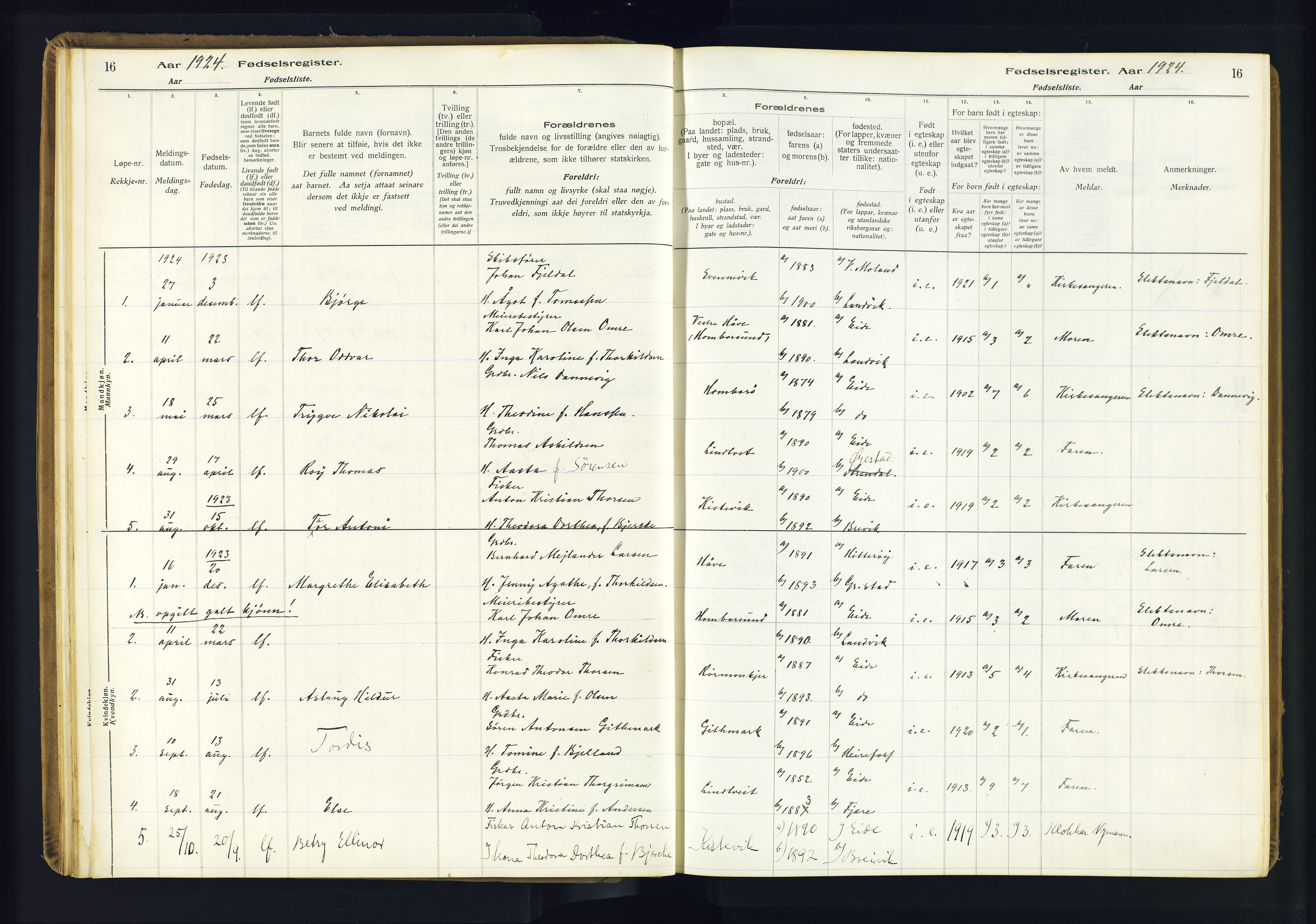 Hommedal sokneprestkontor, SAK/1111-0023/J/Jd/L0003: Fødselsregister nr. 3, 1916-1982, s. 16