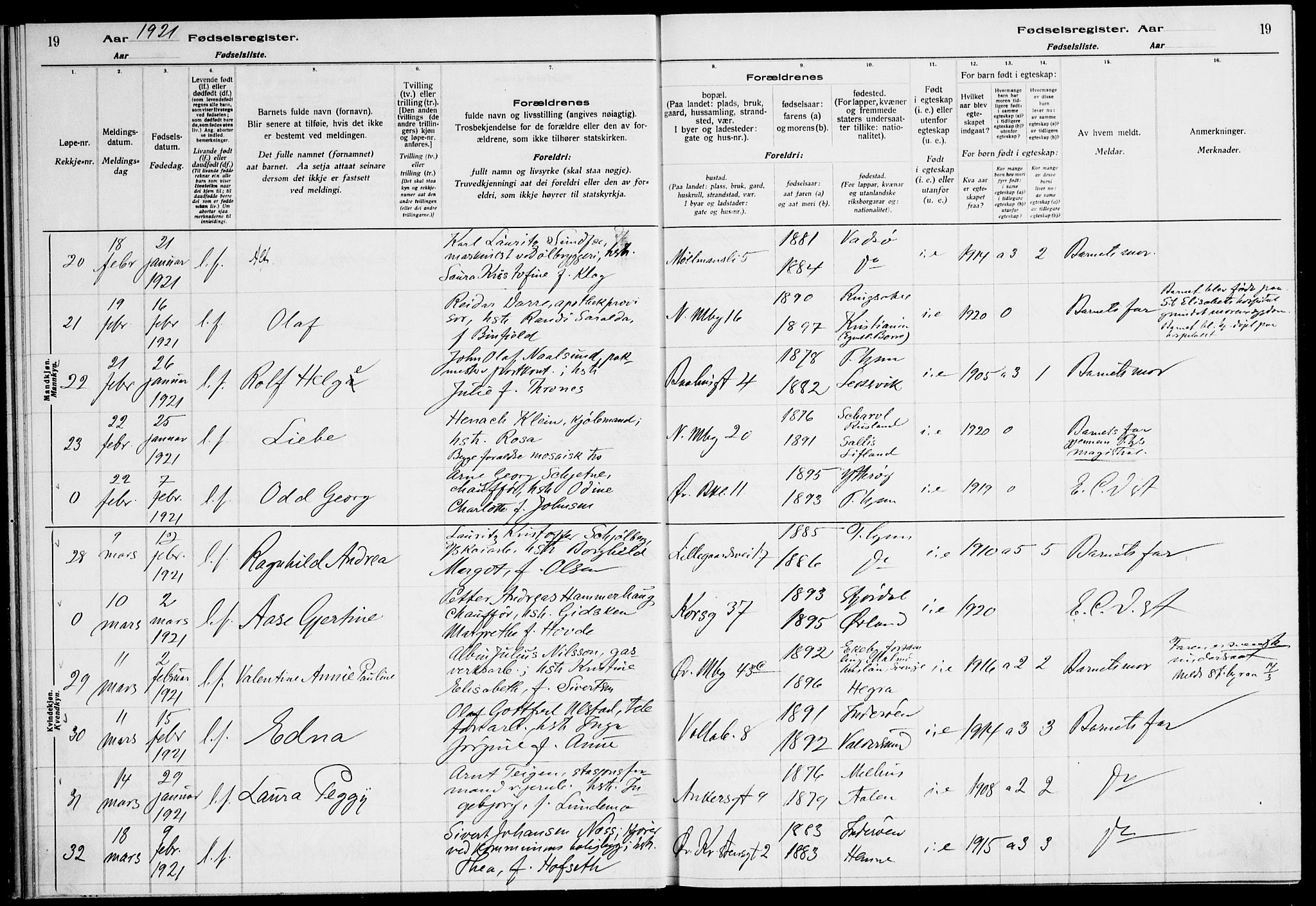 Ministerialprotokoller, klokkerbøker og fødselsregistre - Sør-Trøndelag, AV/SAT-A-1456/604/L0233: Fødselsregister nr. 604.II.4.2, 1920-1928, s. 19