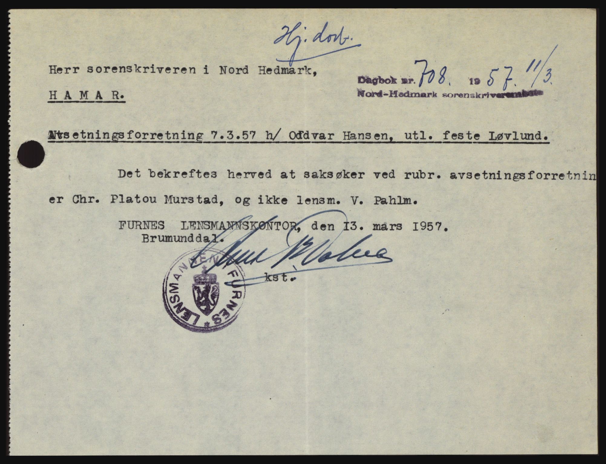 Nord-Hedmark sorenskriveri, SAH/TING-012/H/Hc/L0011: Pantebok nr. 11, 1956-1957, Dagboknr: 708/1957