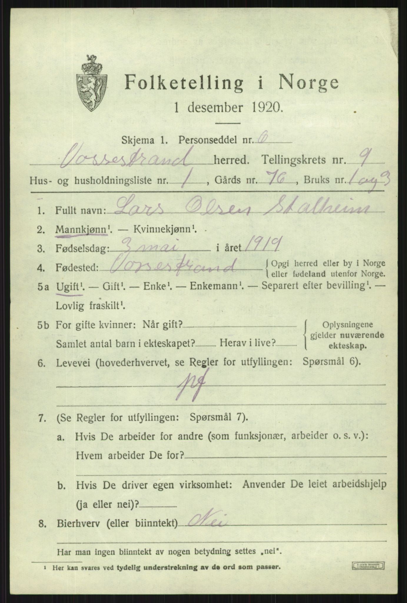 SAB, Folketelling 1920 for 1236 Vossestrand herred, 1920, s. 3910