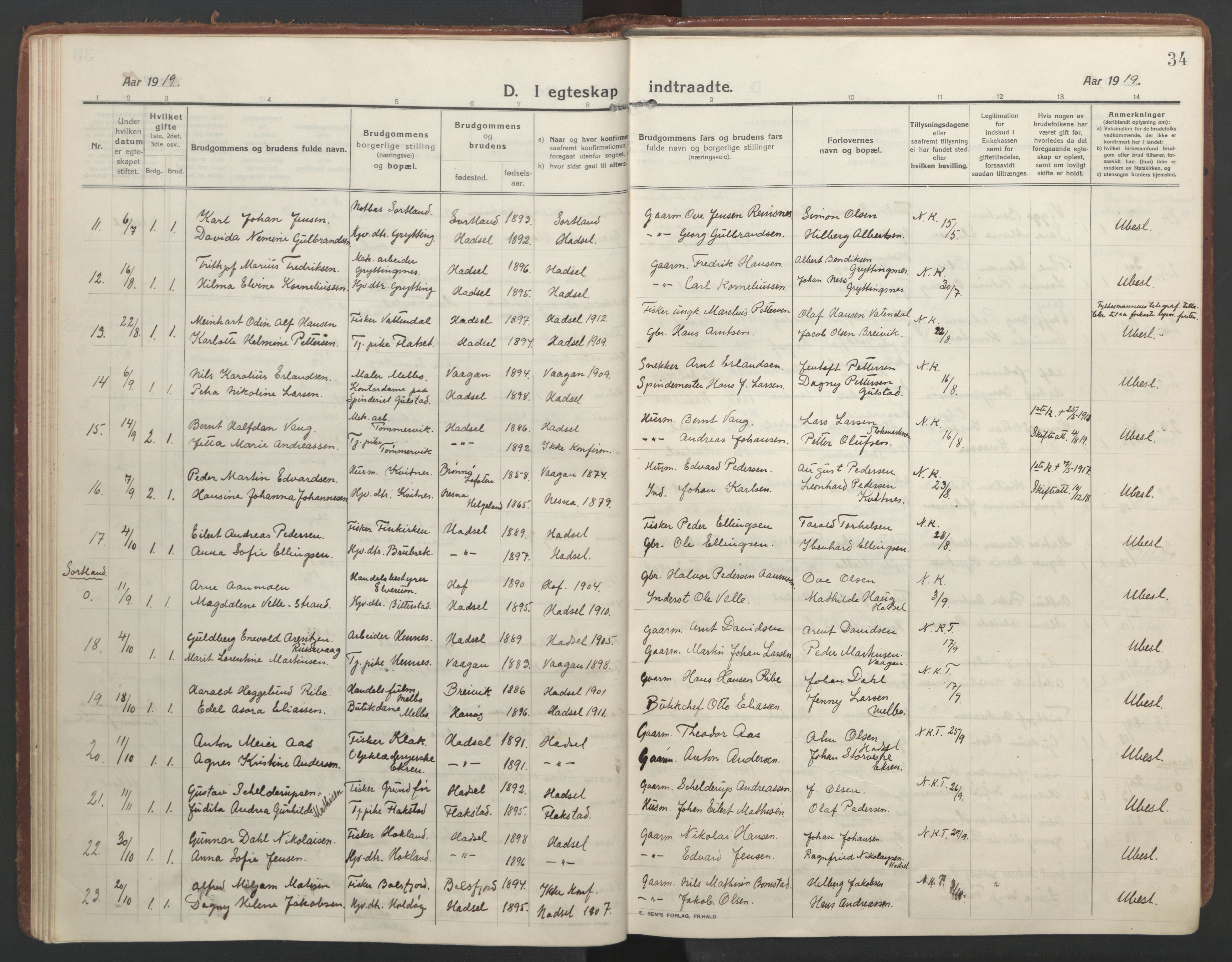 Ministerialprotokoller, klokkerbøker og fødselsregistre - Nordland, SAT/A-1459/888/L1251: Ministerialbok nr. 888A17, 1913-1925, s. 34