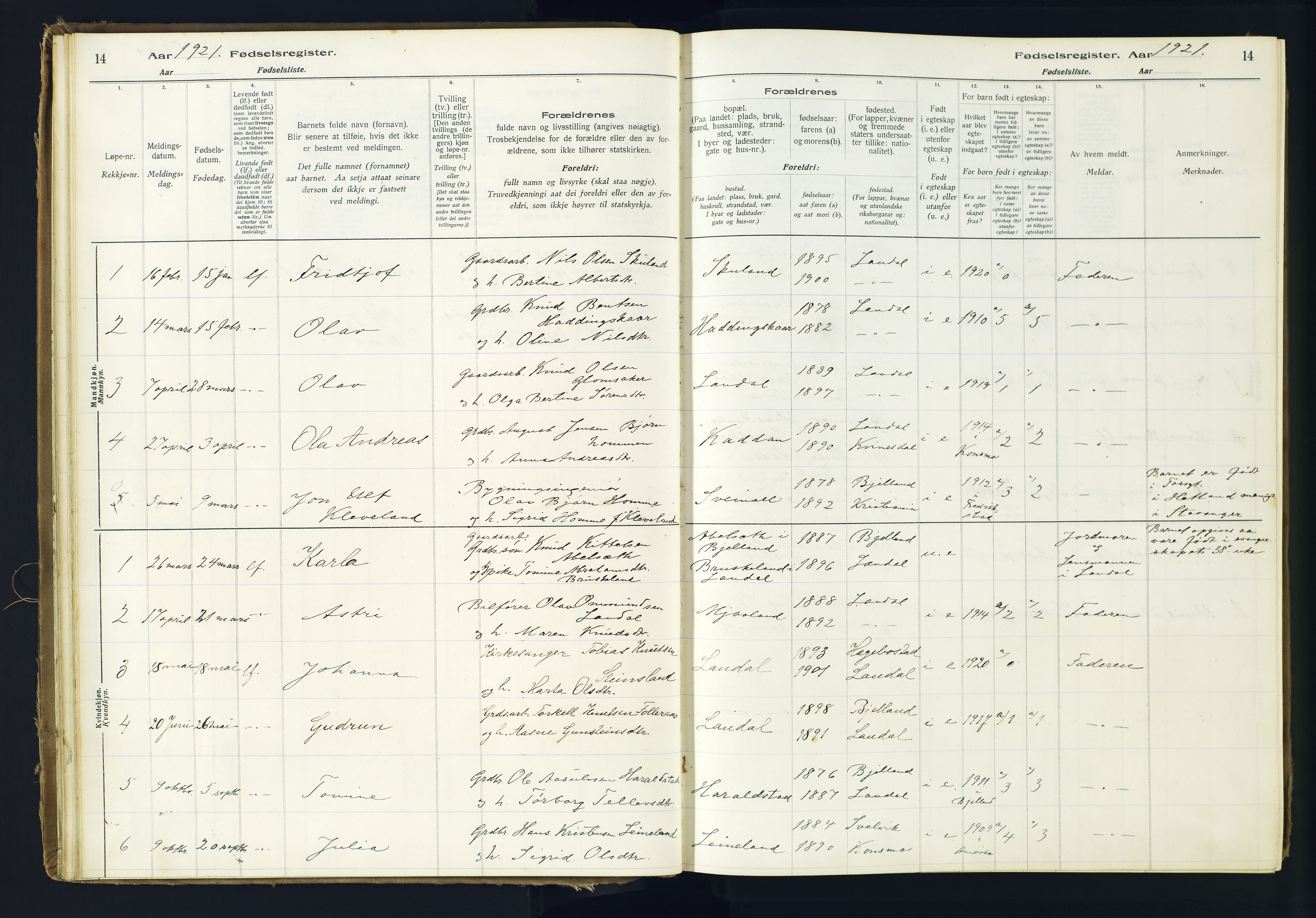 Holum sokneprestkontor, SAK/1111-0022/J/Ja/L0001: Fødselsregister nr. II.6.10, 1916-1982, s. 14