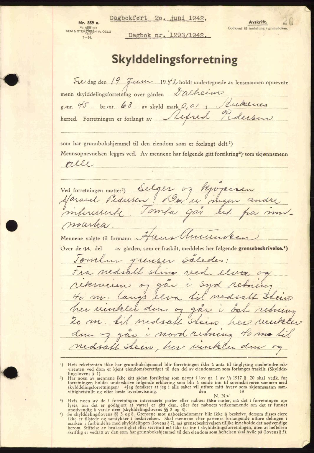 Steigen og Ofoten sorenskriveri, AV/SAT-A-0030/1/2/2C: Pantebok nr. A9-12, 1942-1946, Dagboknr: 1293/1942