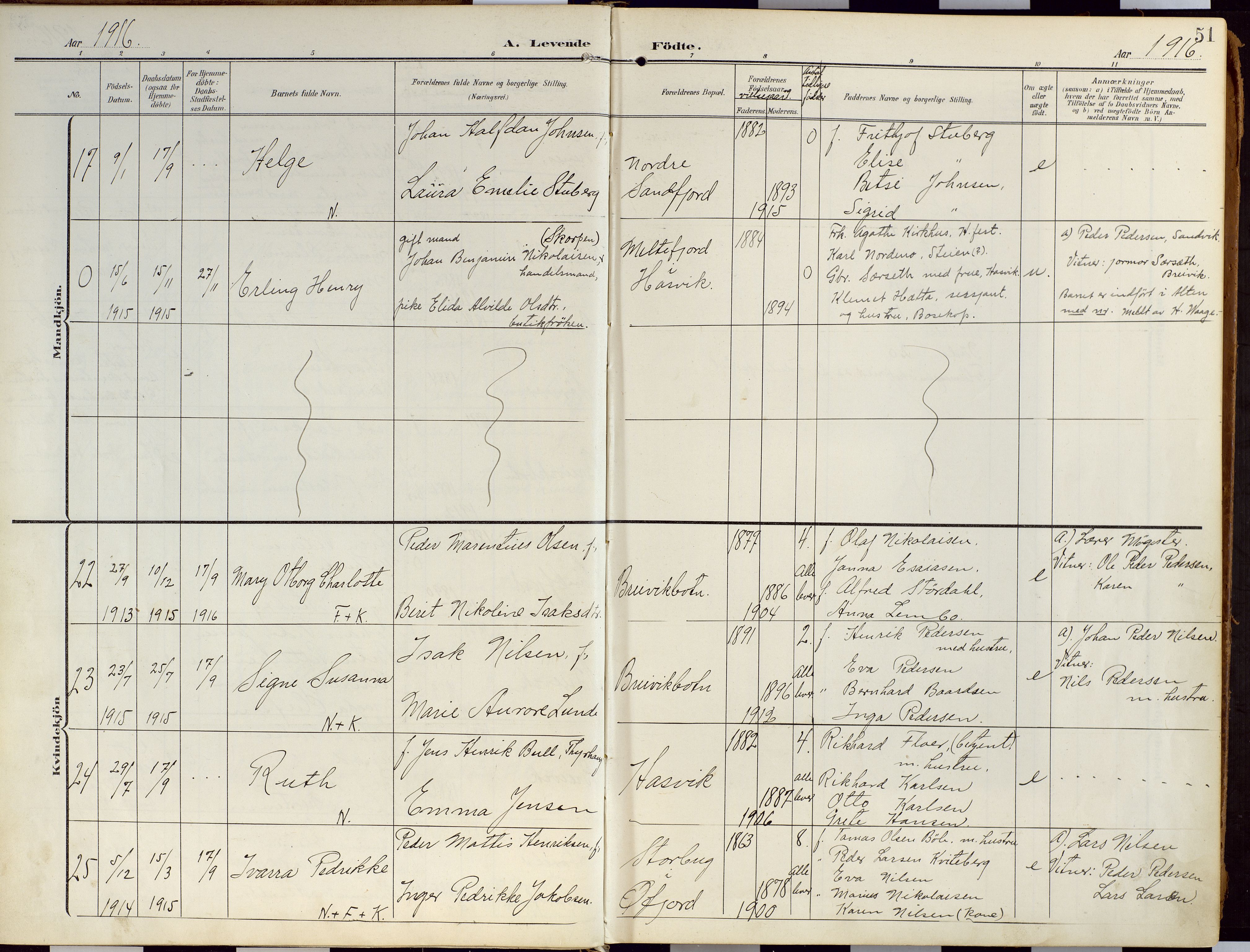 Loppa sokneprestkontor, AV/SATØ-S-1339/H/Ha/L0010kirke: Ministerialbok nr. 10, 1907-1922, s. 51