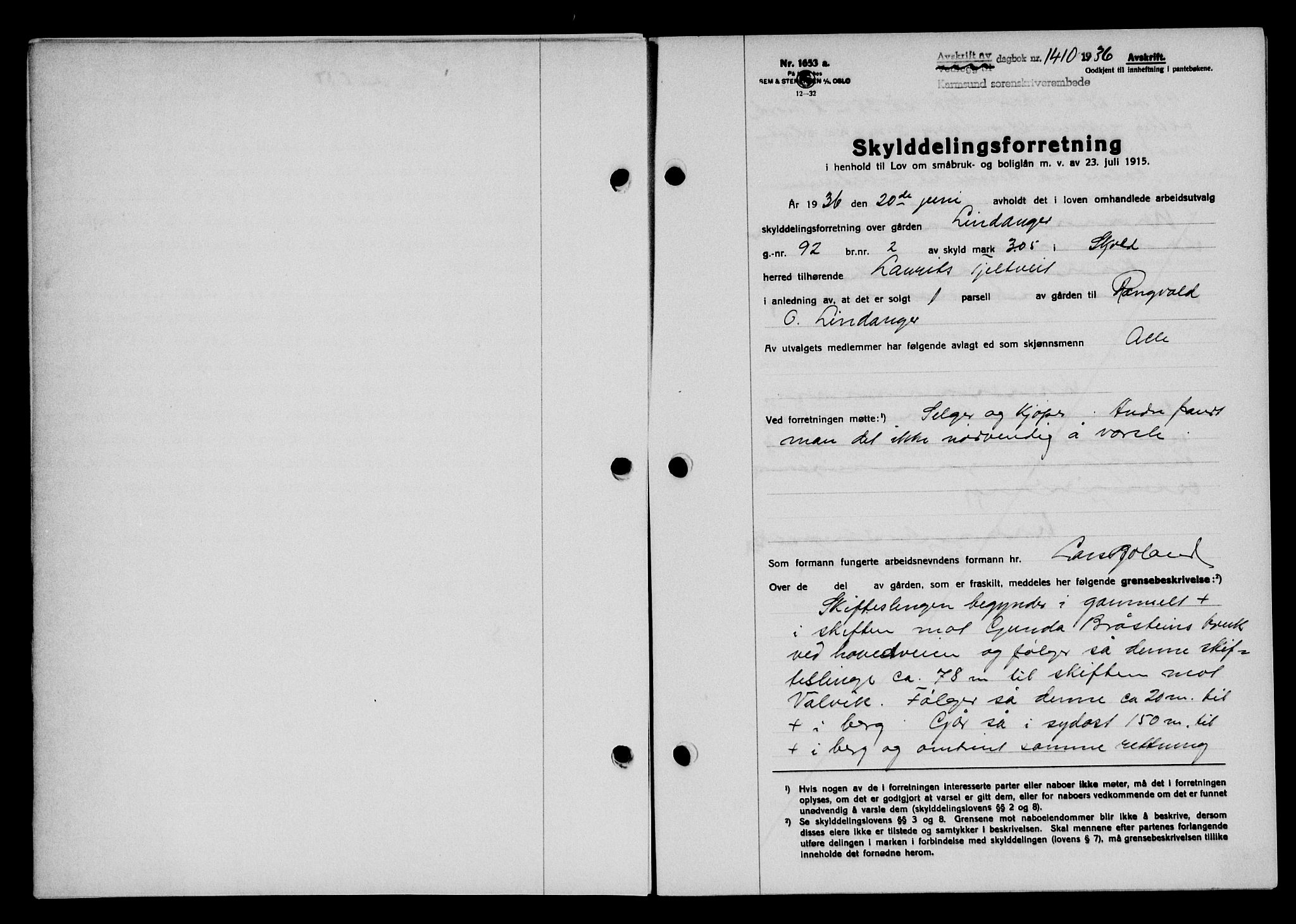 Karmsund sorenskriveri, SAST/A-100311/01/II/IIB/L0066: Pantebok nr. 47A, 1936-1936, Dagboknr: 1410/1936