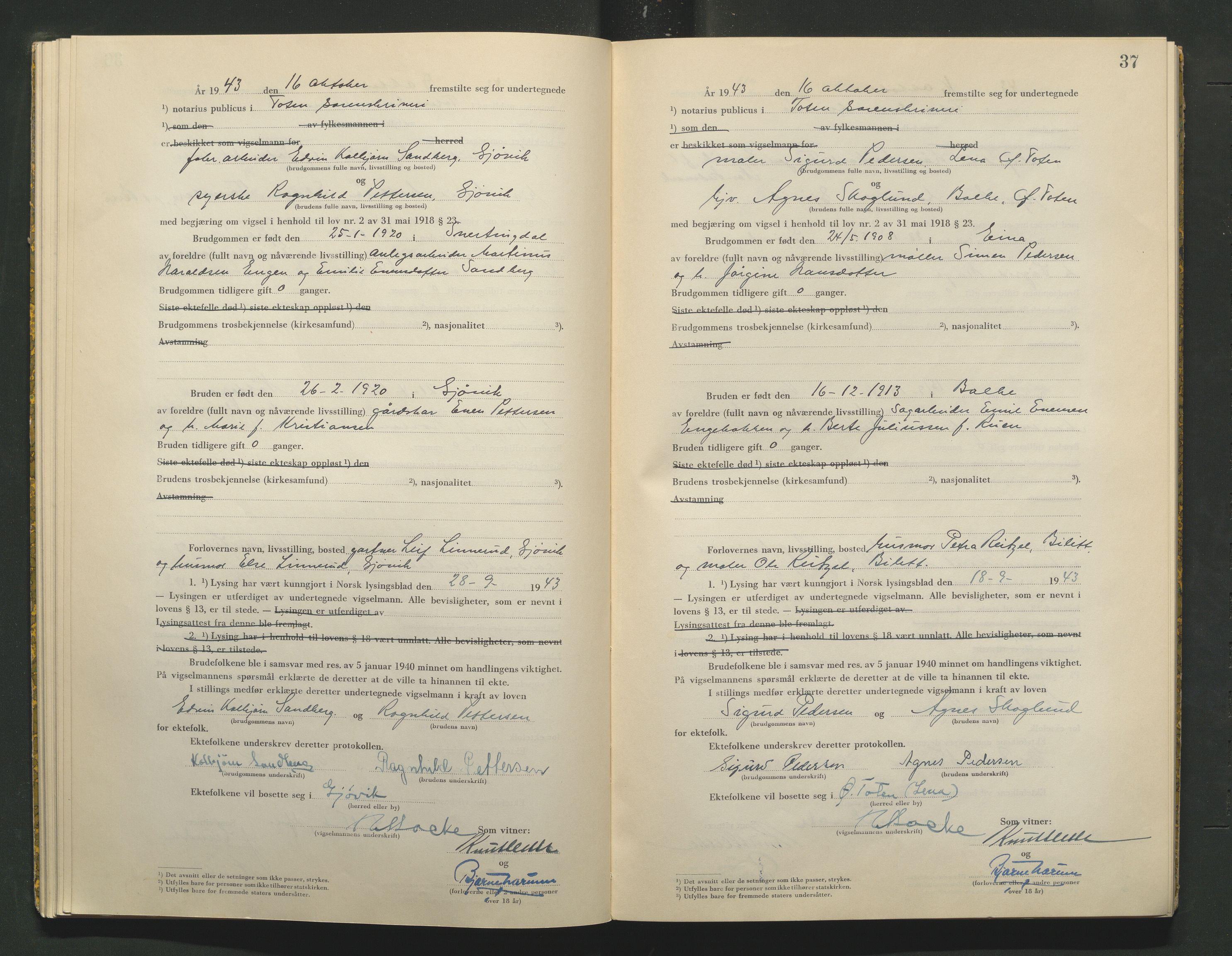 Toten tingrett, AV/SAH-TING-006/L/Lc/L0003: Vigselbok, 1943-1944, s. 37
