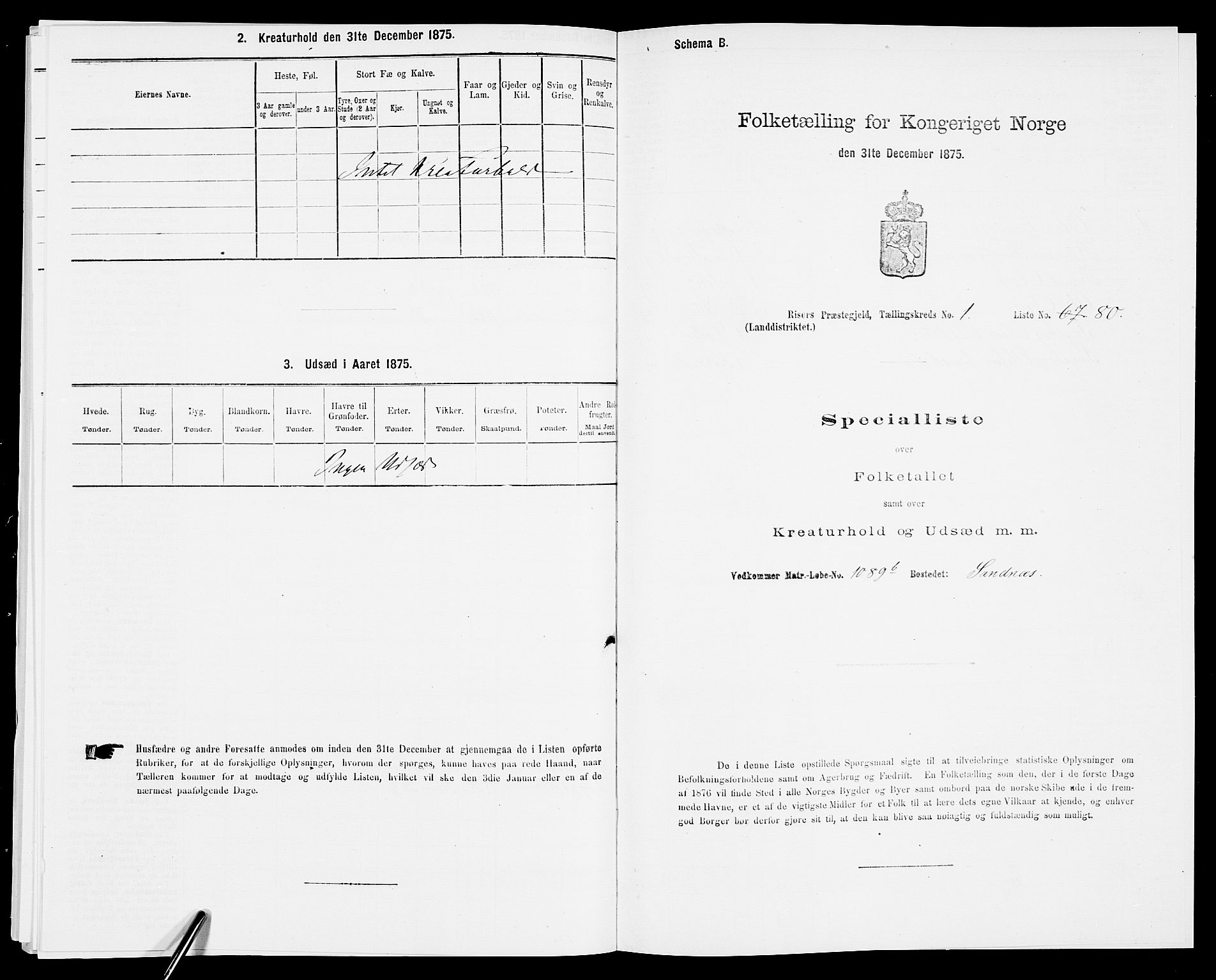 SAK, Folketelling 1875 for 0913L Risør prestegjeld, Søndeled sokn, 1875, s. 210