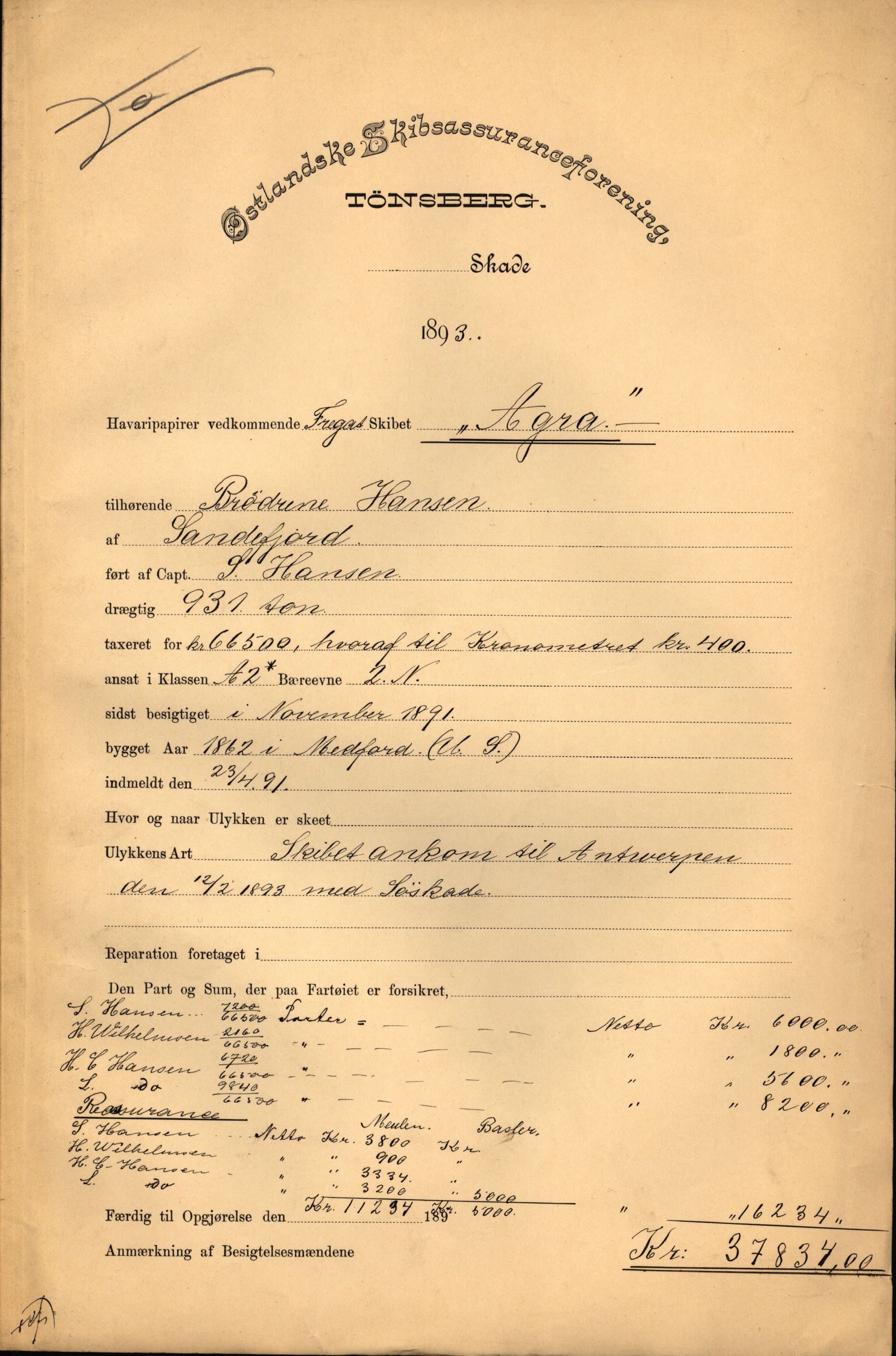Pa 63 - Østlandske skibsassuranceforening, VEMU/A-1079/G/Ga/L0029/0009: Havaridokumenter / Anette, Agathe, Agra, Buffalo, 1893, s. 8