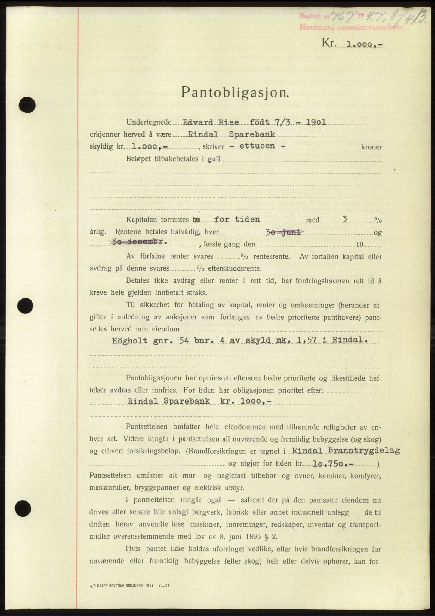 Nordmøre sorenskriveri, AV/SAT-A-4132/1/2/2Ca: Pantebok nr. B96, 1947-1947, Dagboknr: 767/1947