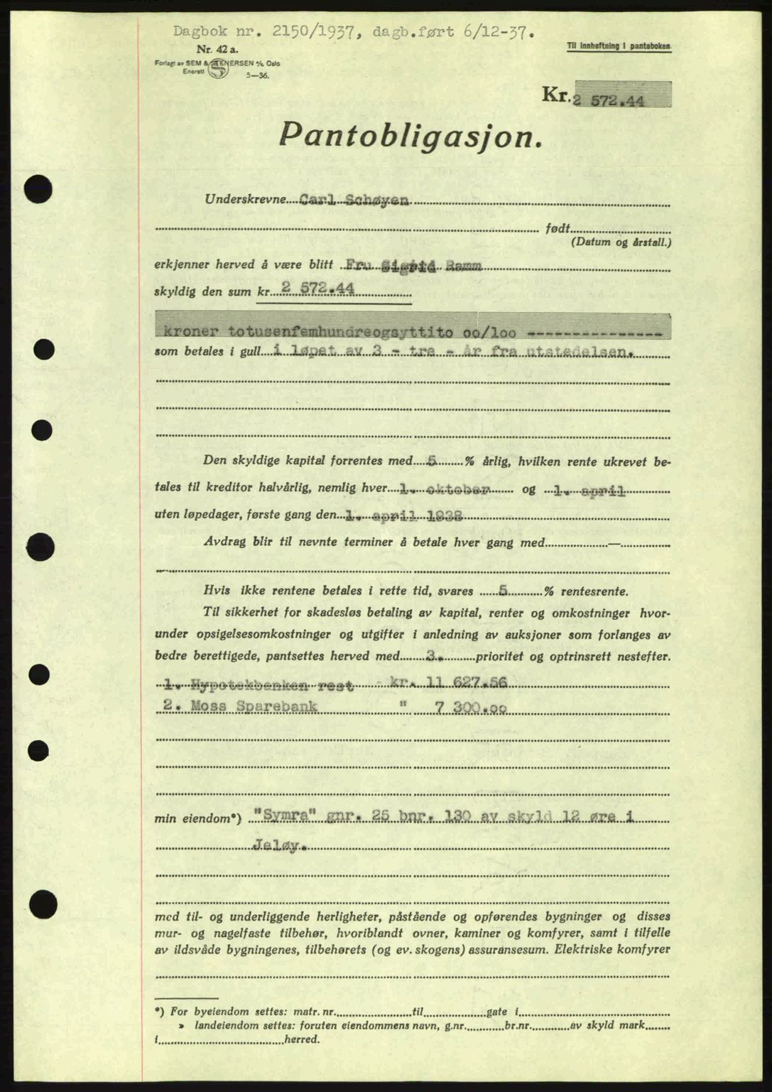 Moss sorenskriveri, SAO/A-10168: Pantebok nr. B4, 1937-1938, Dagboknr: 2150/1937