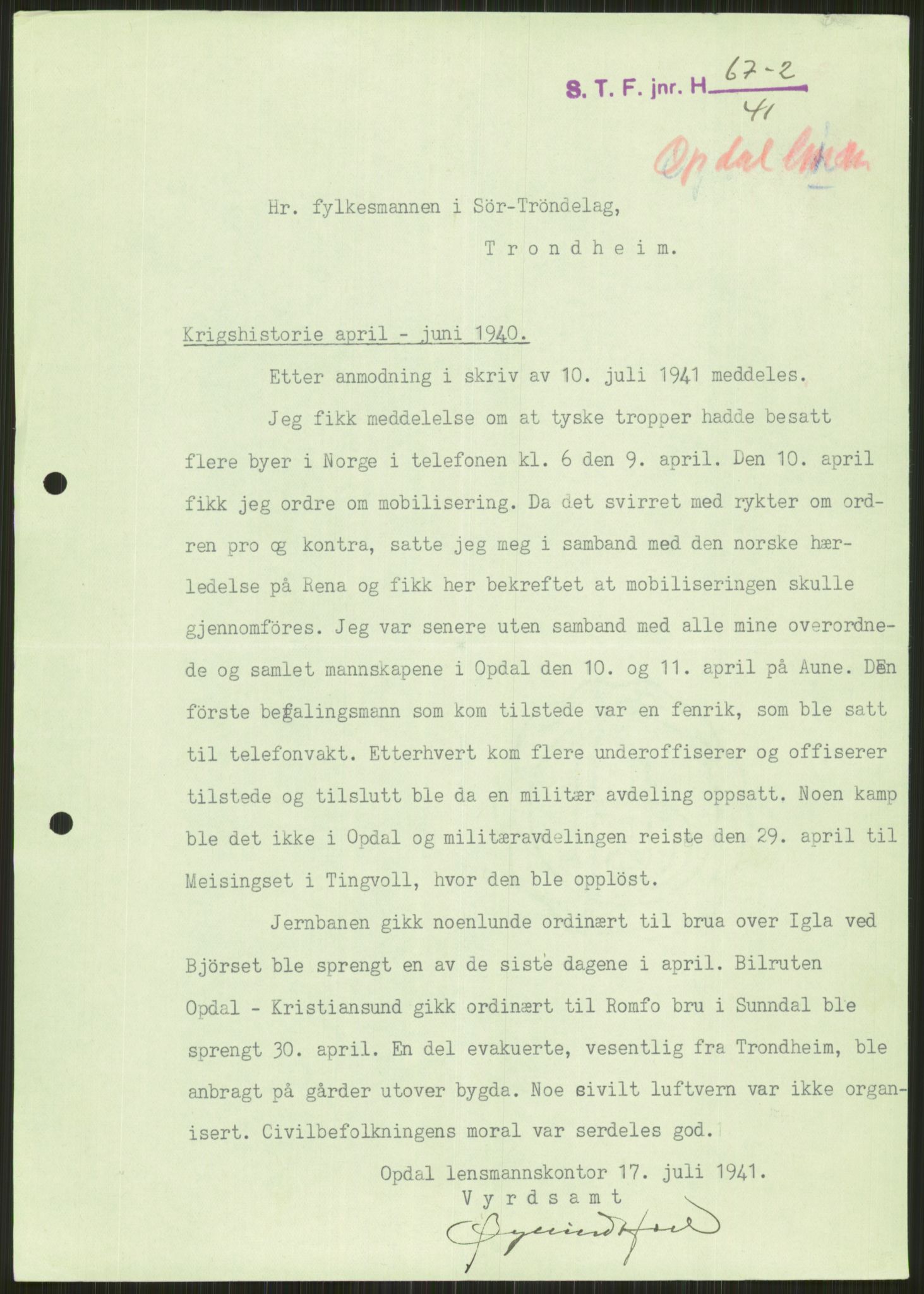 Forsvaret, Forsvarets krigshistoriske avdeling, RA/RAFA-2017/Y/Ya/L0016: II-C-11-31 - Fylkesmenn.  Rapporter om krigsbegivenhetene 1940., 1940, s. 99