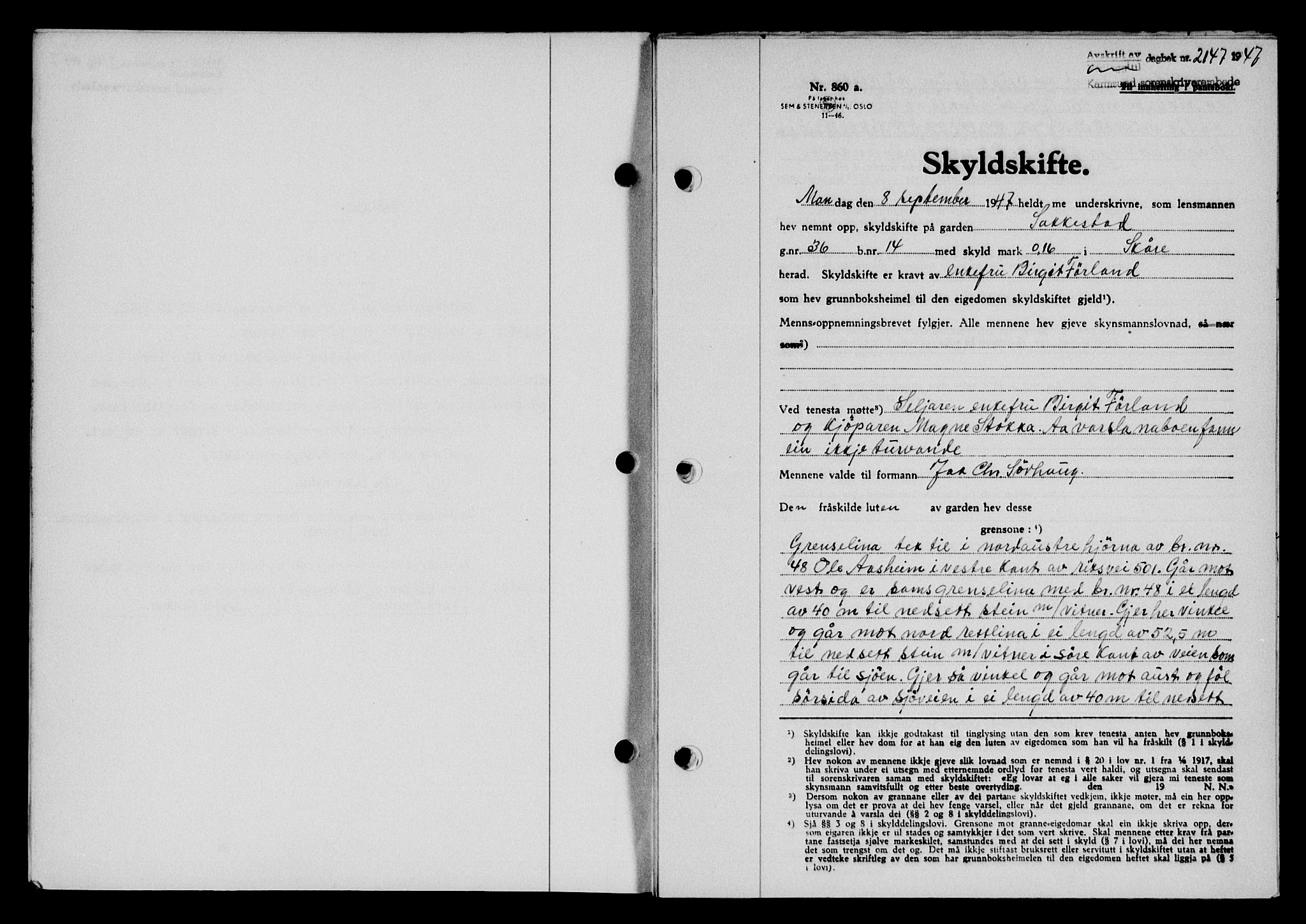 Karmsund sorenskriveri, SAST/A-100311/01/II/IIB/L0090: Pantebok nr. 70A, 1947-1947, Dagboknr: 2147/1947