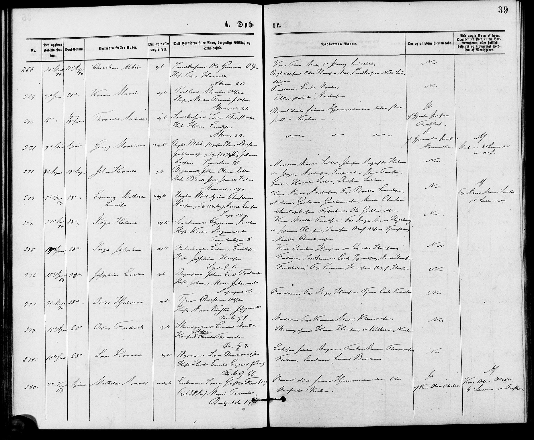 Gamle Aker prestekontor Kirkebøker, AV/SAO-A-10617a/G/L0003: Klokkerbok nr. 3, 1869-1874, s. 39