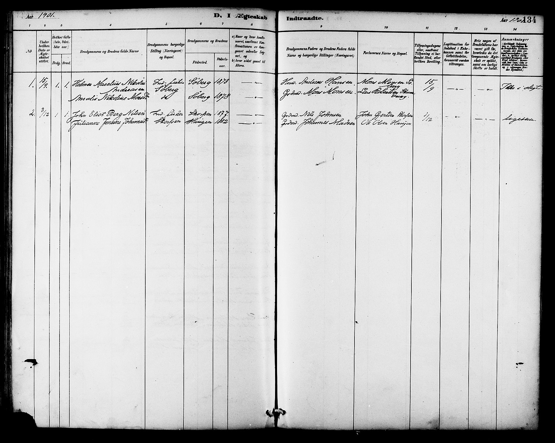 Ministerialprotokoller, klokkerbøker og fødselsregistre - Nordland, AV/SAT-A-1459/892/L1320: Ministerialbok nr. 892A01, 1886-1901, s. 134