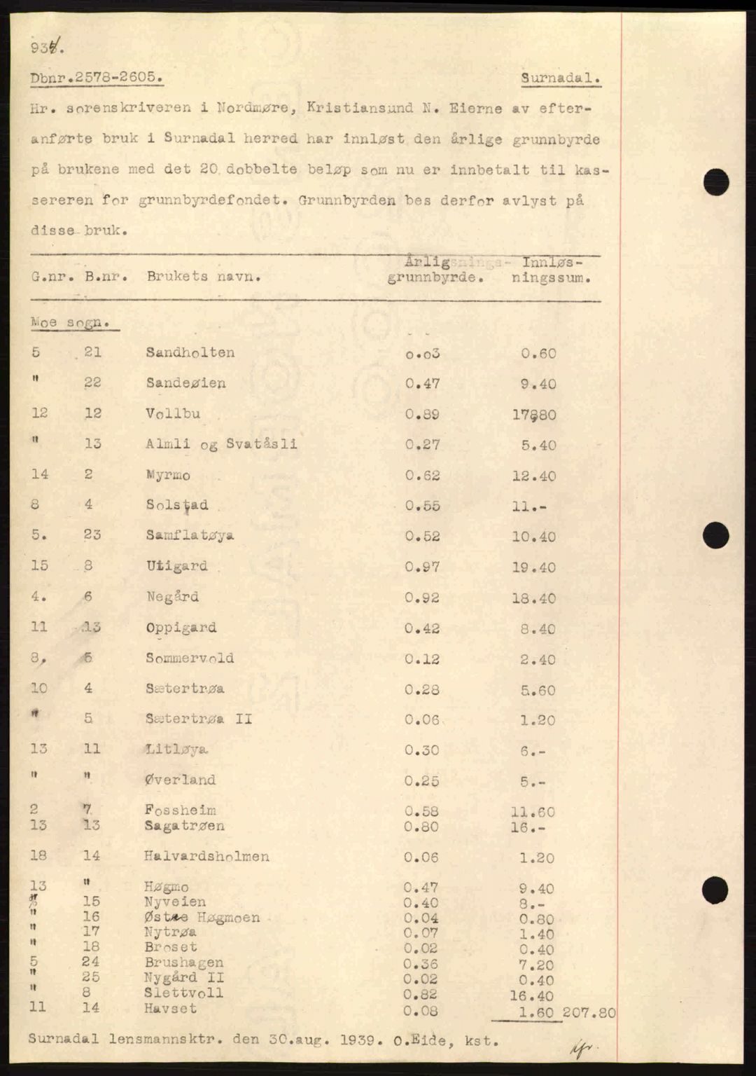 Nordmøre sorenskriveri, SAT/A-4132/1/2/2Ca: Pantebok nr. C80, 1936-1939, Dagboknr: 2578/1939