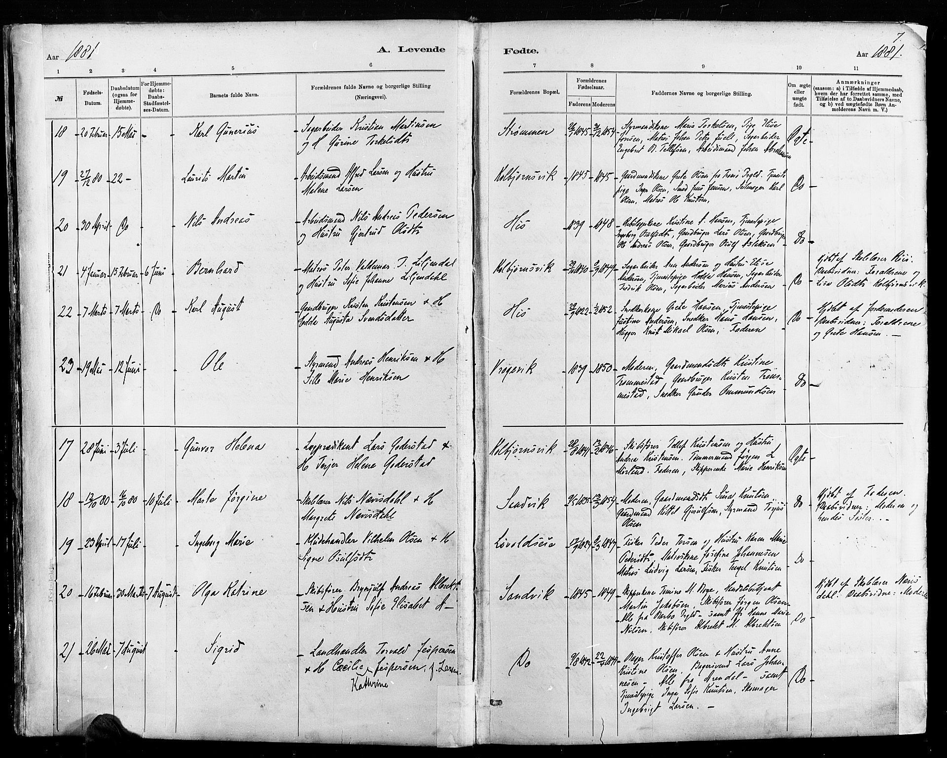 Hisøy sokneprestkontor, AV/SAK-1111-0020/F/Fa/L0003: Ministerialbok nr. A 3, 1881-1894, s. 7