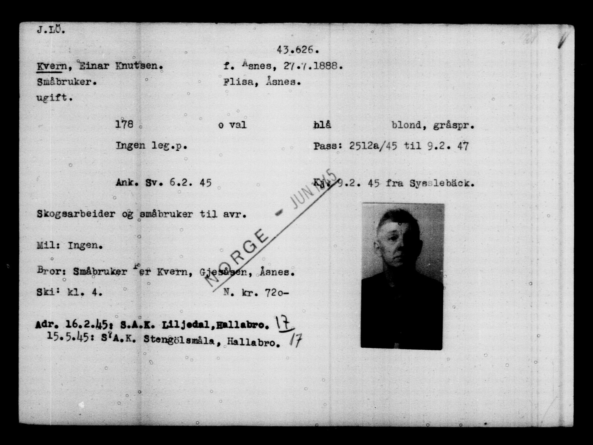 Utenriksstasjonene, Legasjonen i Stockholm, Flyktningkontoret, AV/RA-S-6753/V/Va/L0017: Kjesäterkartoteket, flyktninger med registreringsnr. 43400-46318, 1940-1945, s. 235