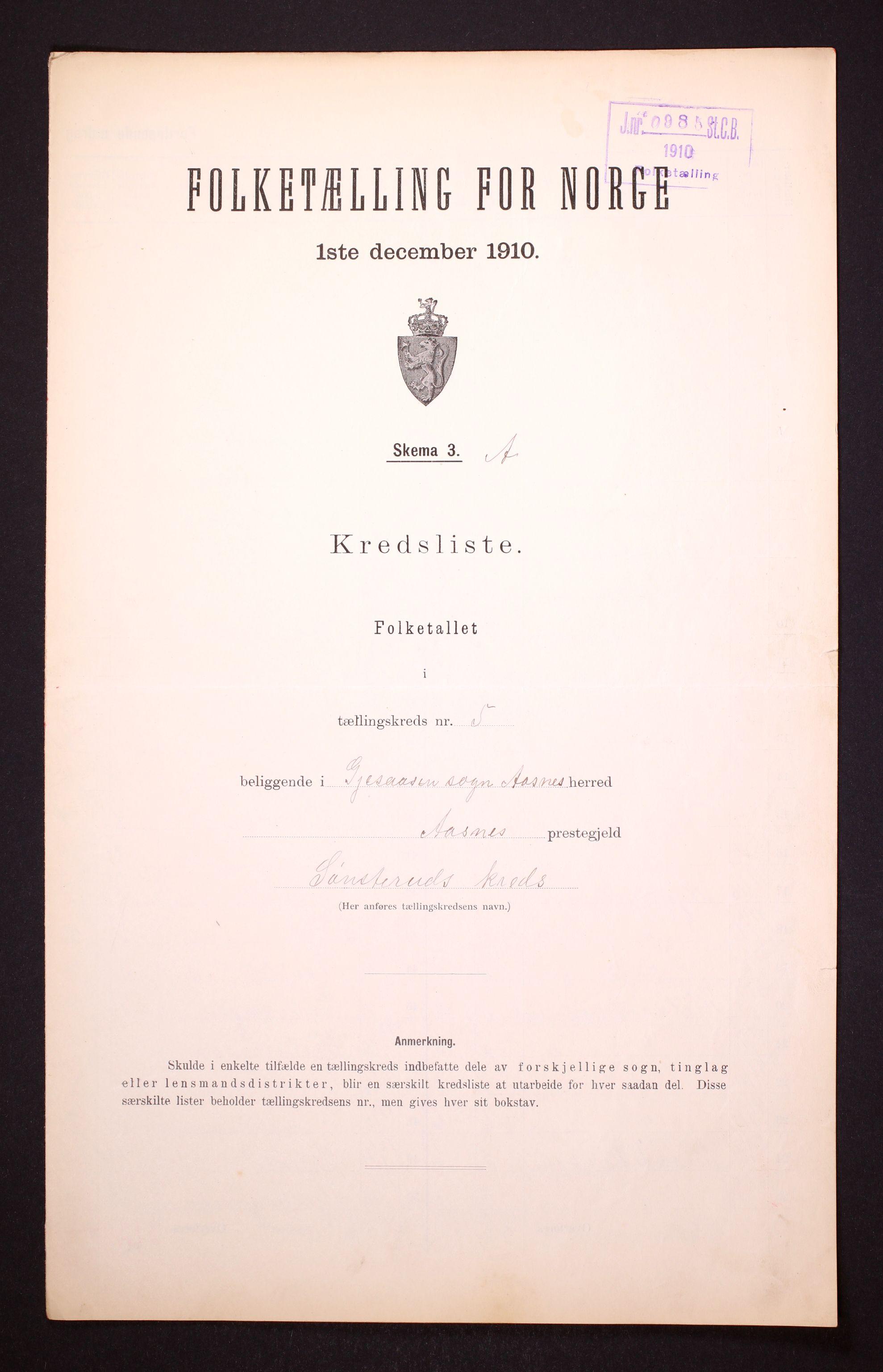 RA, Folketelling 1910 for 0425 Åsnes herred, 1910, s. 19