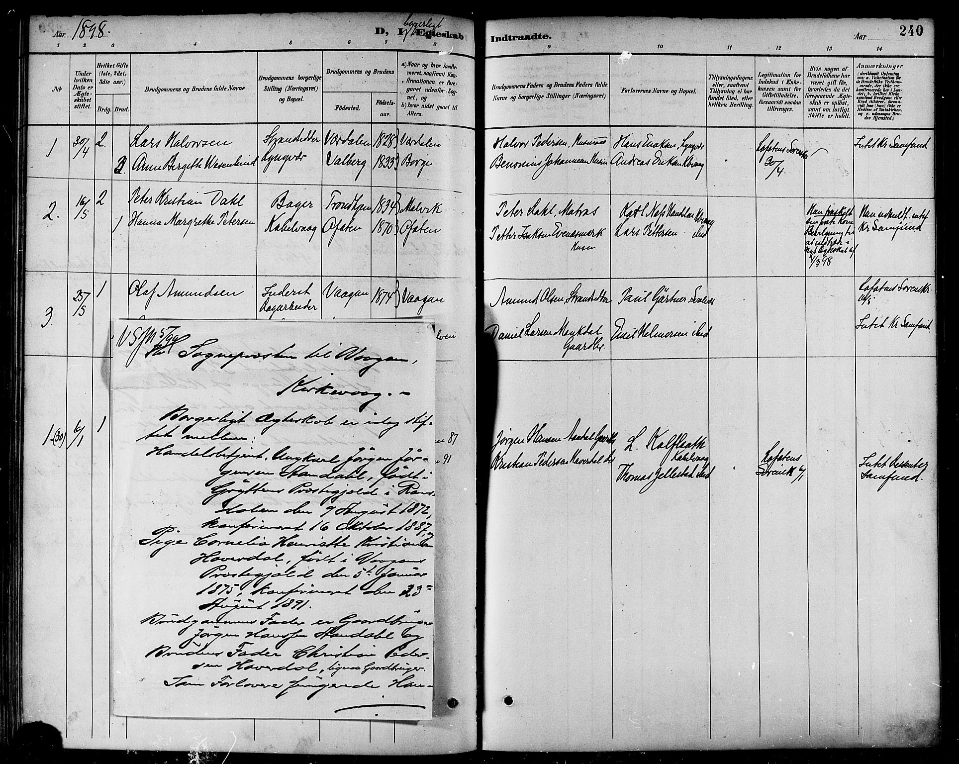Ministerialprotokoller, klokkerbøker og fødselsregistre - Nordland, AV/SAT-A-1459/874/L1060: Ministerialbok nr. 874A04, 1890-1899, s. 240