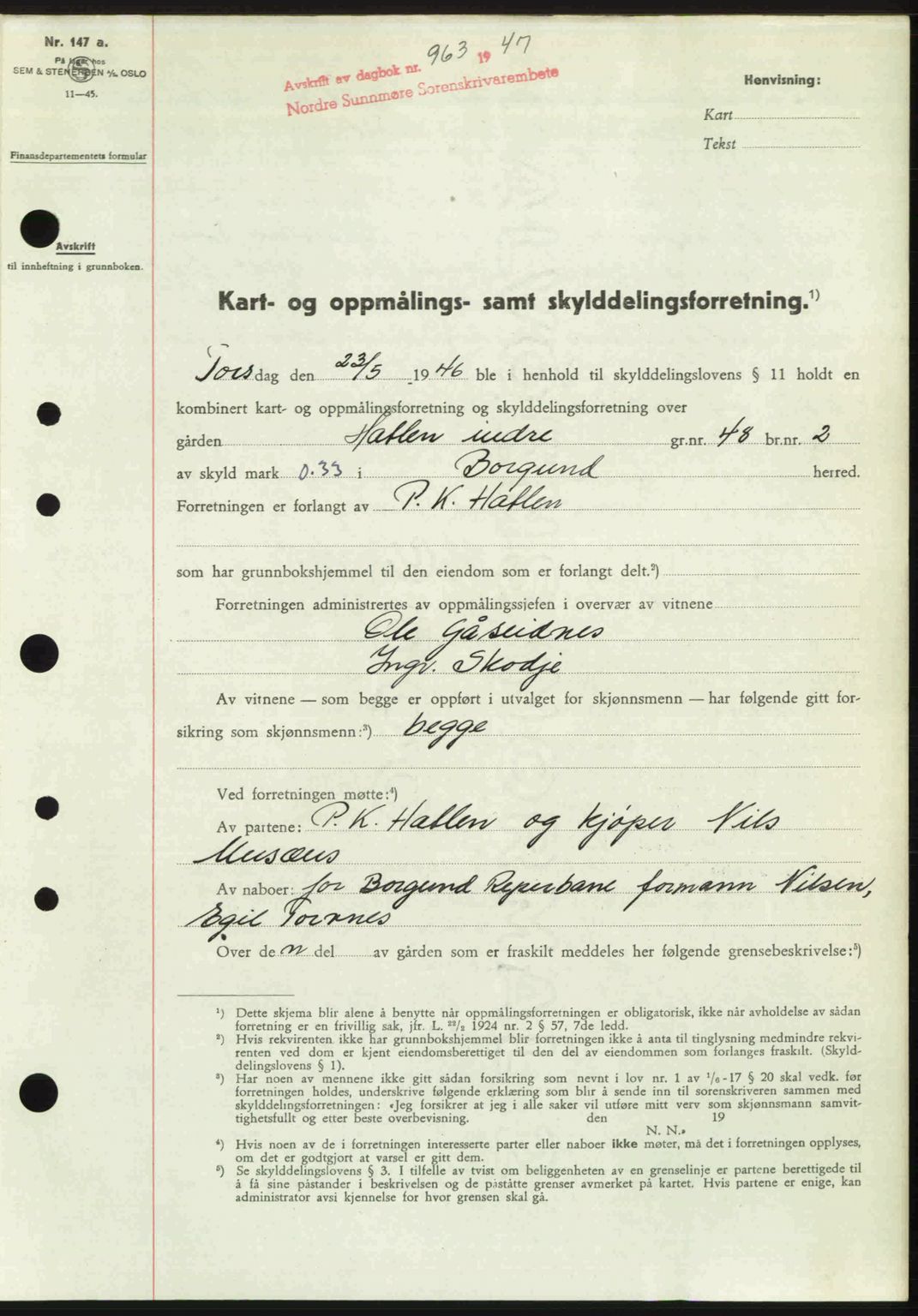 Nordre Sunnmøre sorenskriveri, SAT/A-0006/1/2/2C/2Ca: Pantebok nr. A24, 1947-1947, Dagboknr: 963/1947