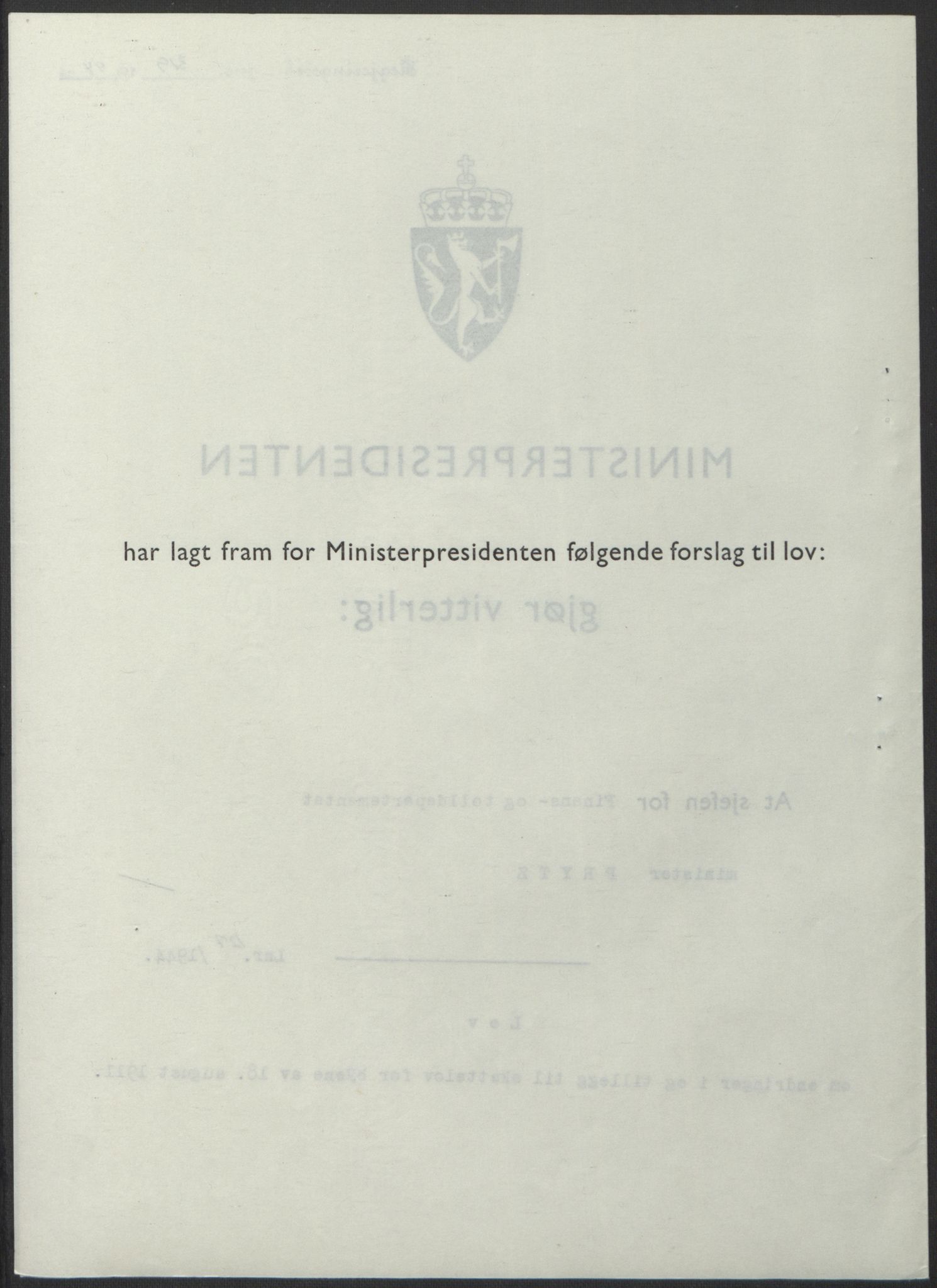 NS-administrasjonen 1940-1945 (Statsrådsekretariatet, de kommisariske statsråder mm), RA/S-4279/D/Db/L0100: Lover, 1944, s. 604